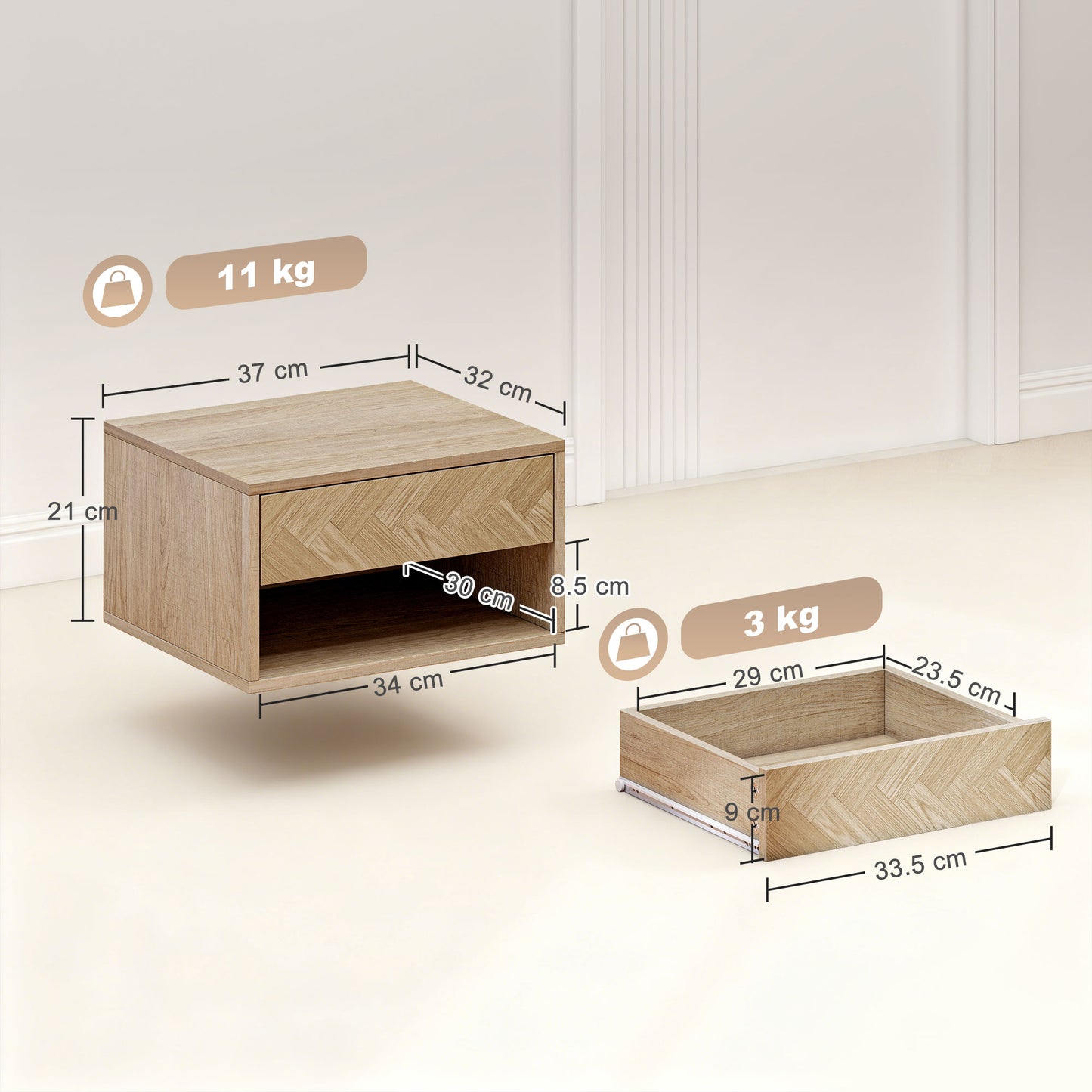 HOMCOM Floating Bedside Tables Set of Two in Natural Wood Finish with Drawer and Open Shelf