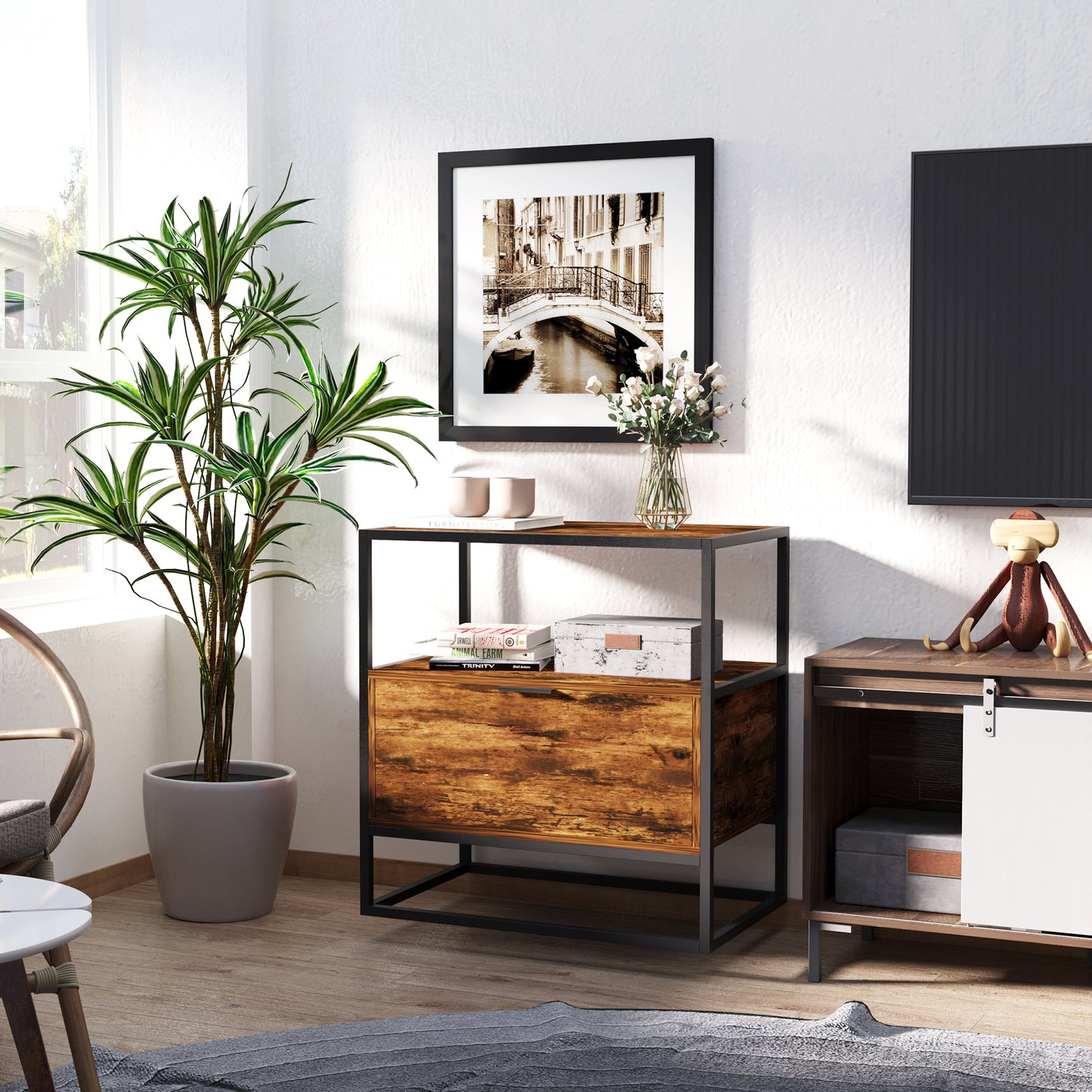 HOMCOM Industrial Style Side Table With Drawer Open Shelf Steel Frame Large Base Two Tone Chestnut Brown And Black