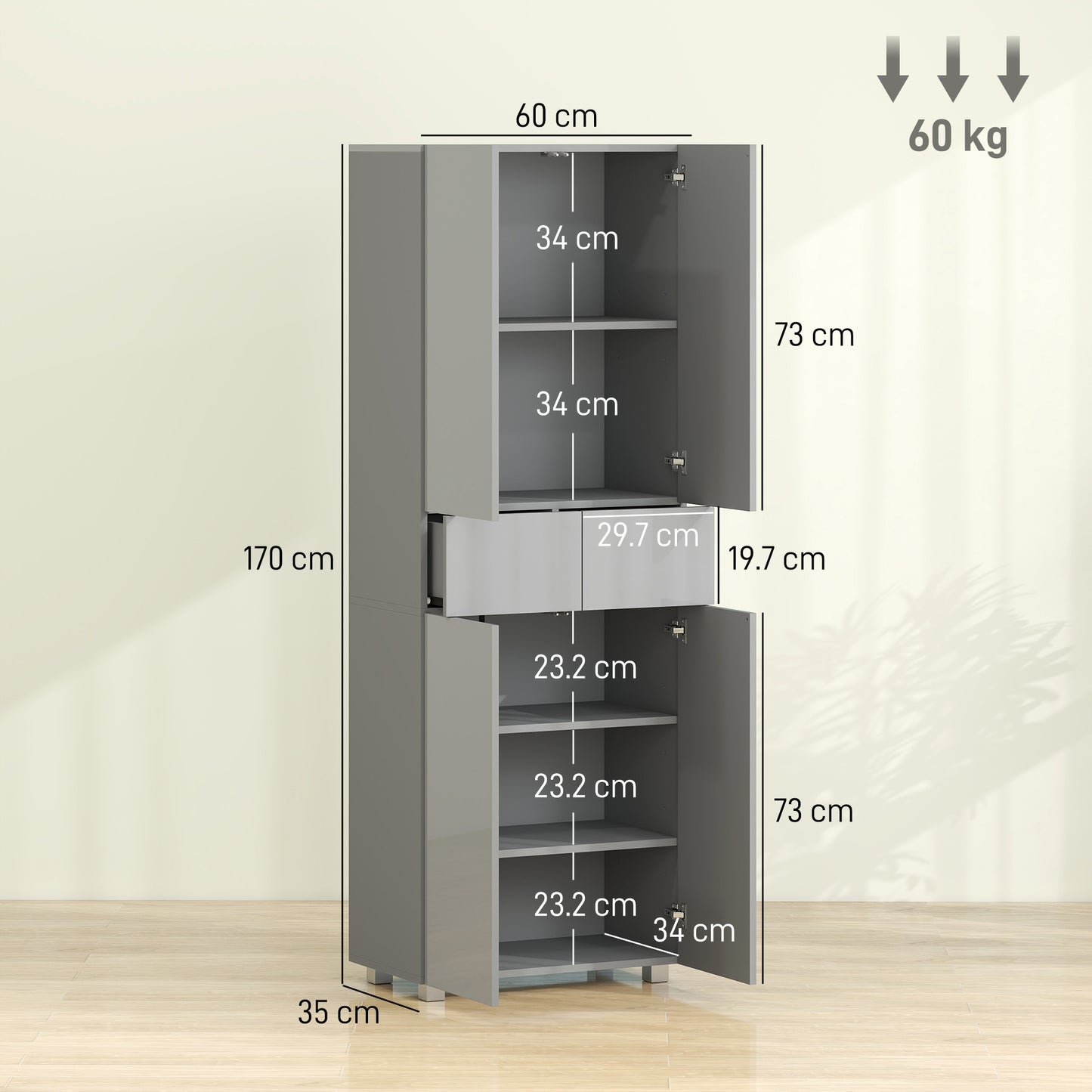 HOMCOM Storage Cabinet Kitchen Cupboard With 3 Adjustable Shelves High Gloss Grey 60L x 35W x 170H cm