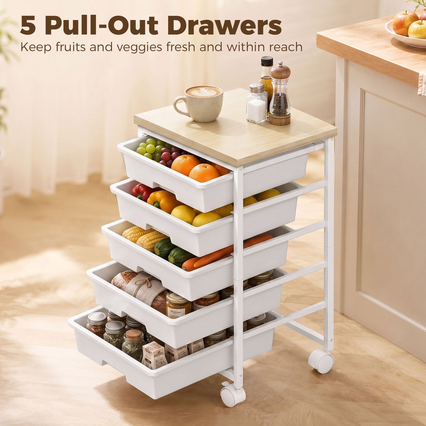 HOMCOM 6 Tier Storage Trolley On Wheels With 5 Drawers