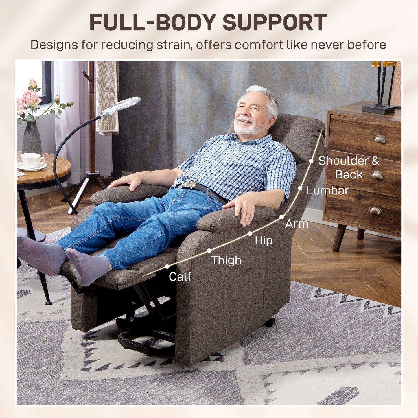 HOMCOM Electric Rise And Recline Armchair With Reading Light Brown Rises To 45 Degrees And Reclines To 135 Degrees