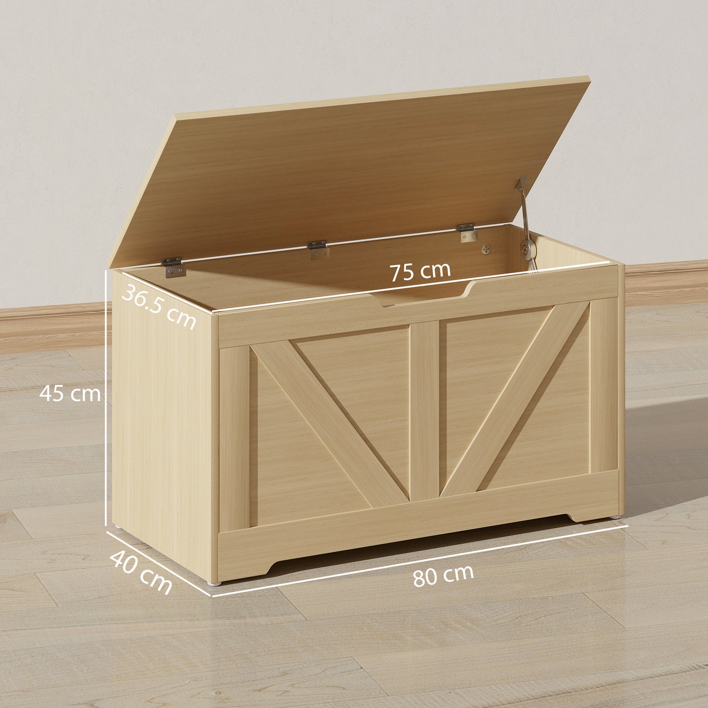 HOMCOM 100L Storage Ottoman Box With Safety Hinges Natural Wood Finish Seat And Storage