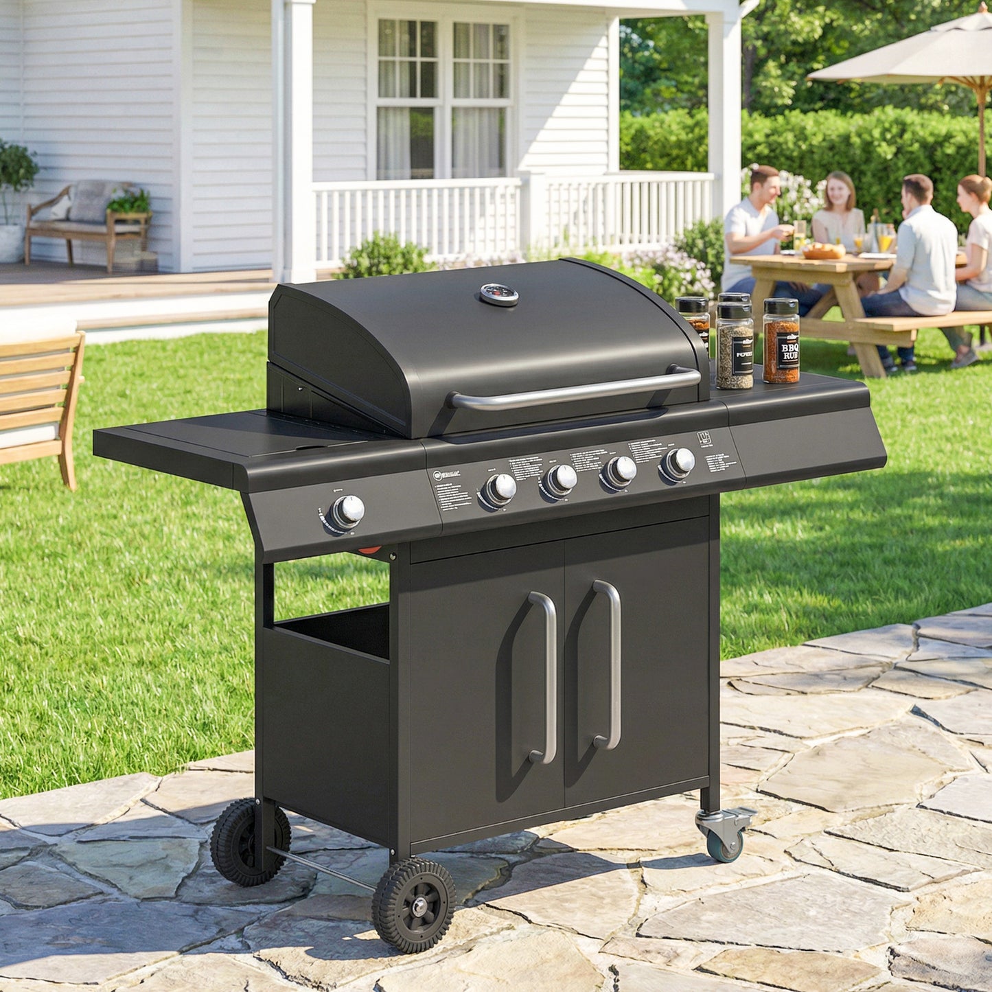 Outsunny 5 Burner Gas BBQ Grill With Storage Cabinet And Side Table, 15.2 kW Trolley, Warming Rack, 4 Wheels