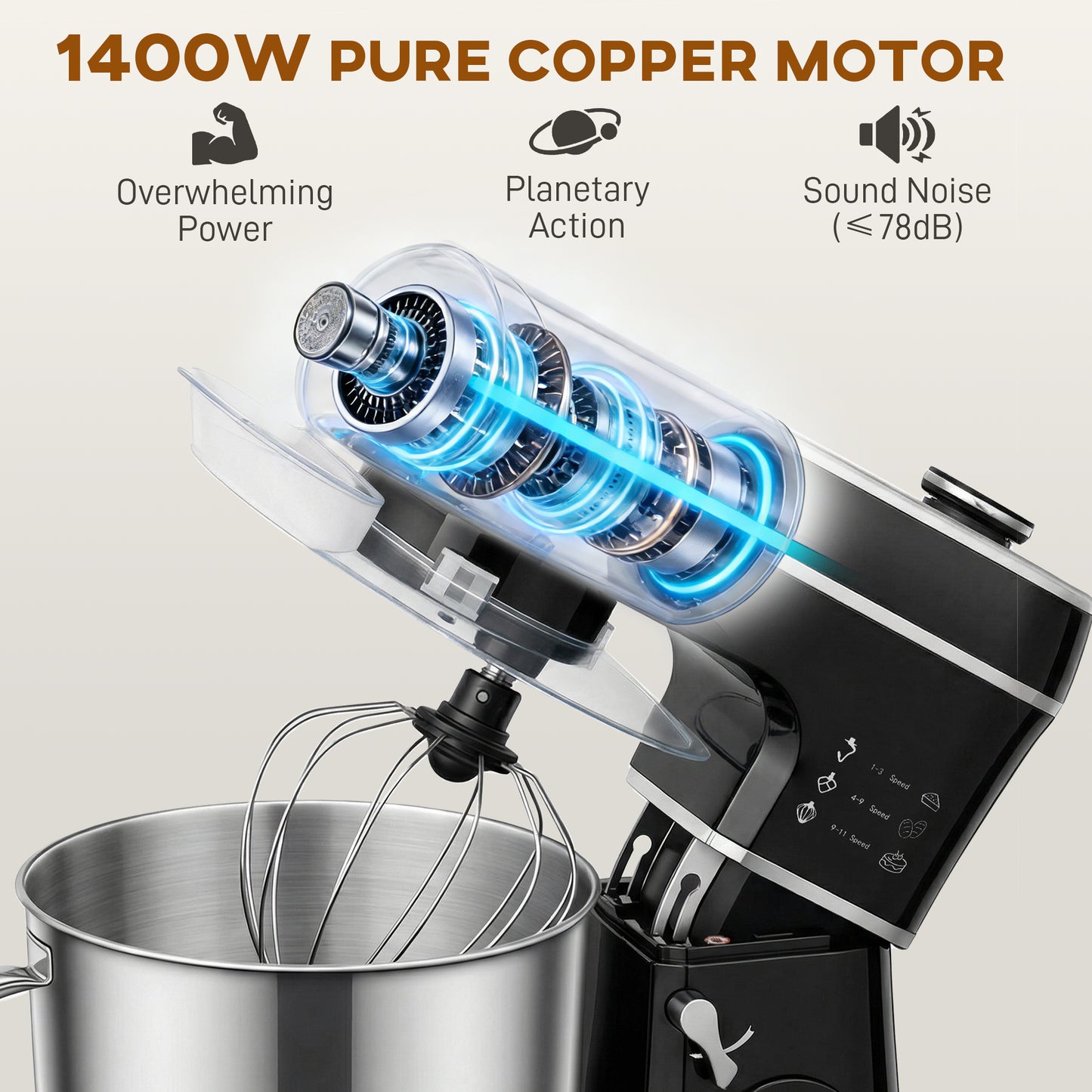 HOMCOM Stand Mixer 6L 1400W Tilt Head With 11 Speeds Pulse Fermentation Stainless Steel Bowl LED Display Black