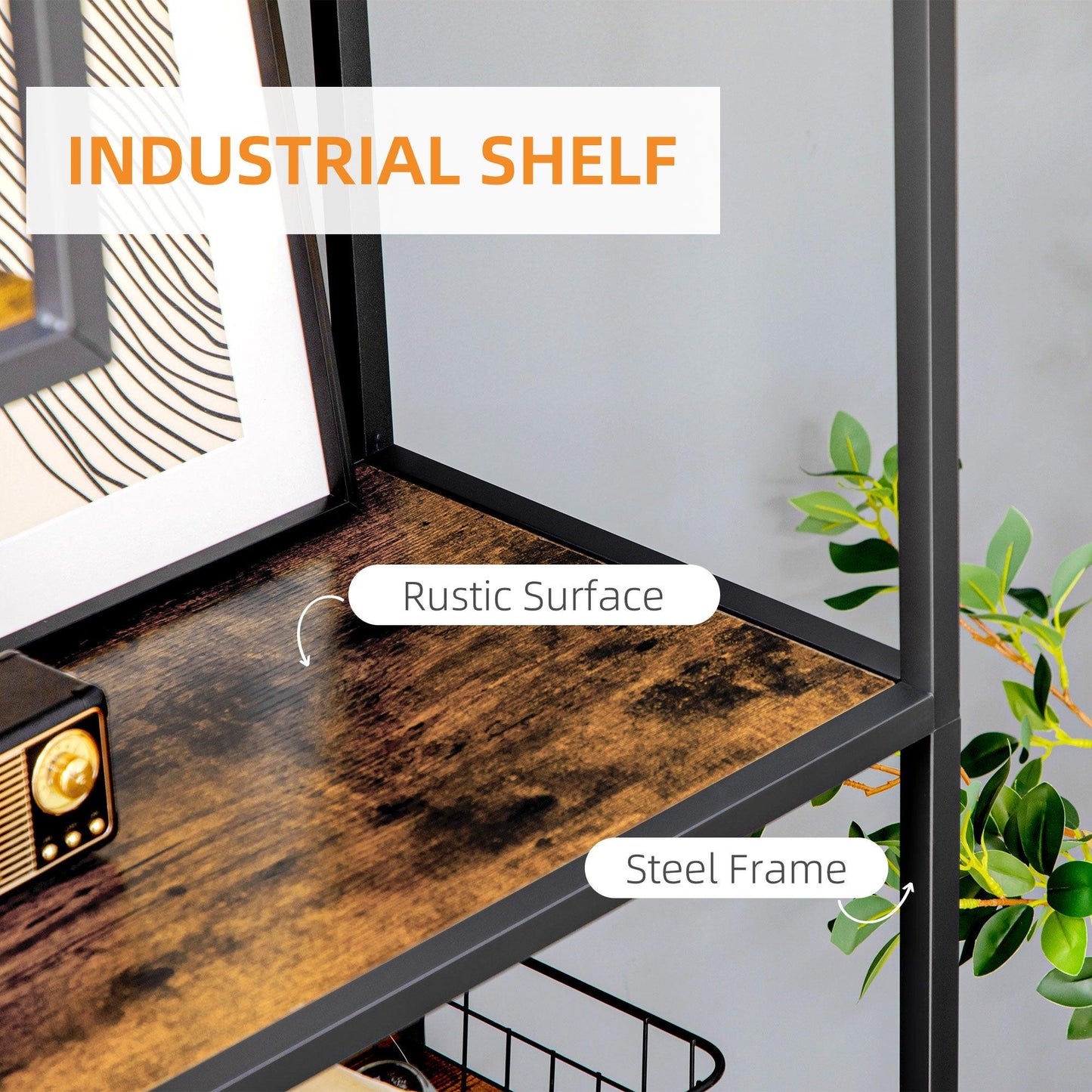 HOMCOM Industrial Bookcase Shelf, 7 Tier Metal Shelving, Storage Shelves for Living Room, Home Office, Bedroom, Rustic Brown - ALL4U RETAILER LTD