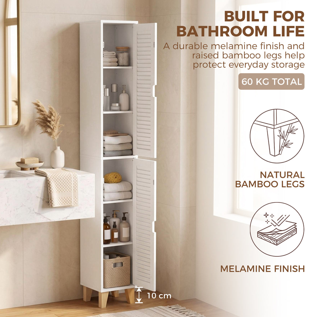 Tall White Bathroom Cabinet With Louvered Doors And Adjustable Shelf Storage