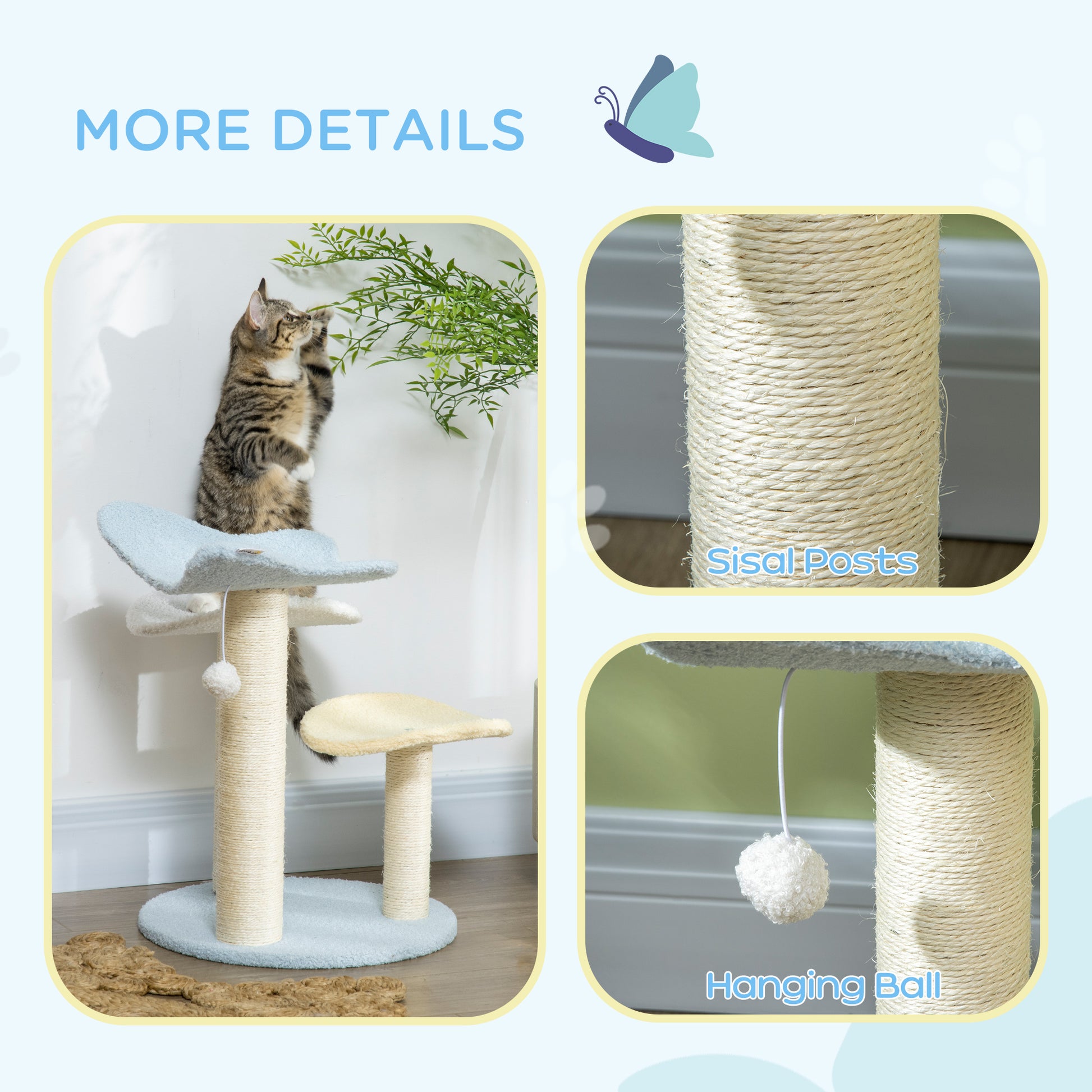 PawHut Butterfly-Shaped Cat Tower for Indoor Cats, 54cm Play Tree with Sisal Scratching Post and Toy Ball, Blue - ALL4U RETAILER LTD