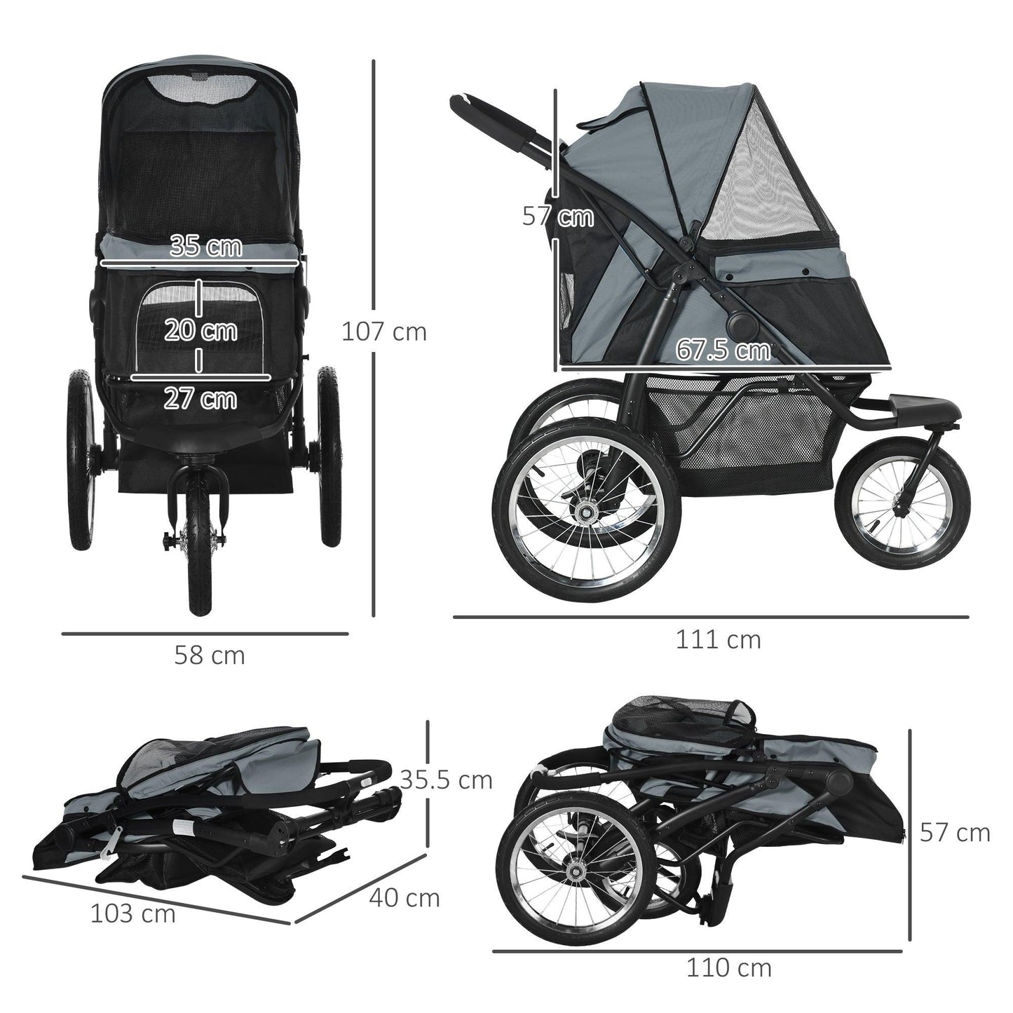 PawHut Pet Stroller Jogger for Small/Medium Dogs, Foldable Cat Pram with Adjustable Canopy - ALL4U RETAILER LTD