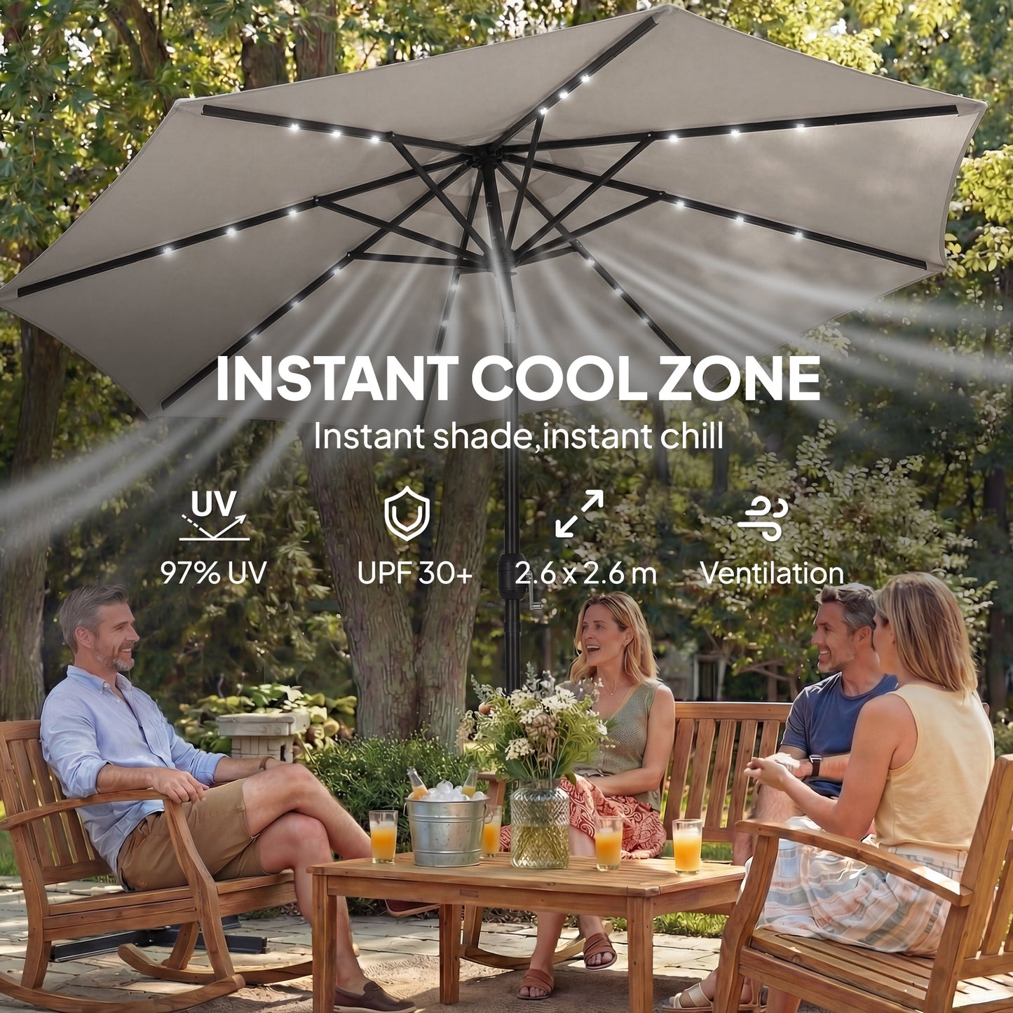 Outsunny 2.6 m Garden Parasol Umbrella With LED Solar Light And Cover For Patio Outdoor Market Umbrella Light Grey