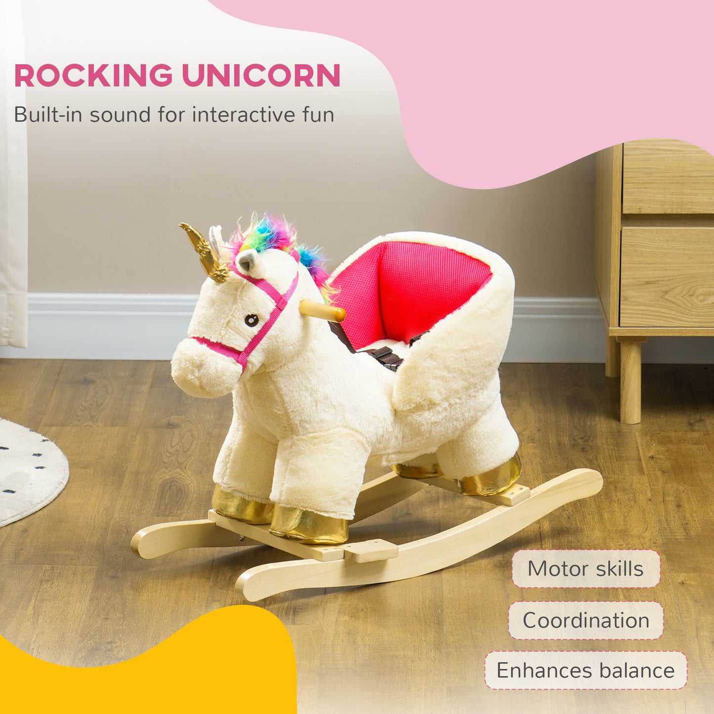 AIYAPLAY Enchanted Unicorn Rocking Horse for Toddlers - Realistic Sounds, Safety Features, Wooden Base