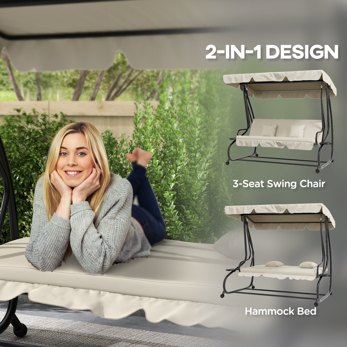 Outsunny Convertible Three-Seater Swing Chair Bed With Canopy For Garden Balcony Or Porch In Cream