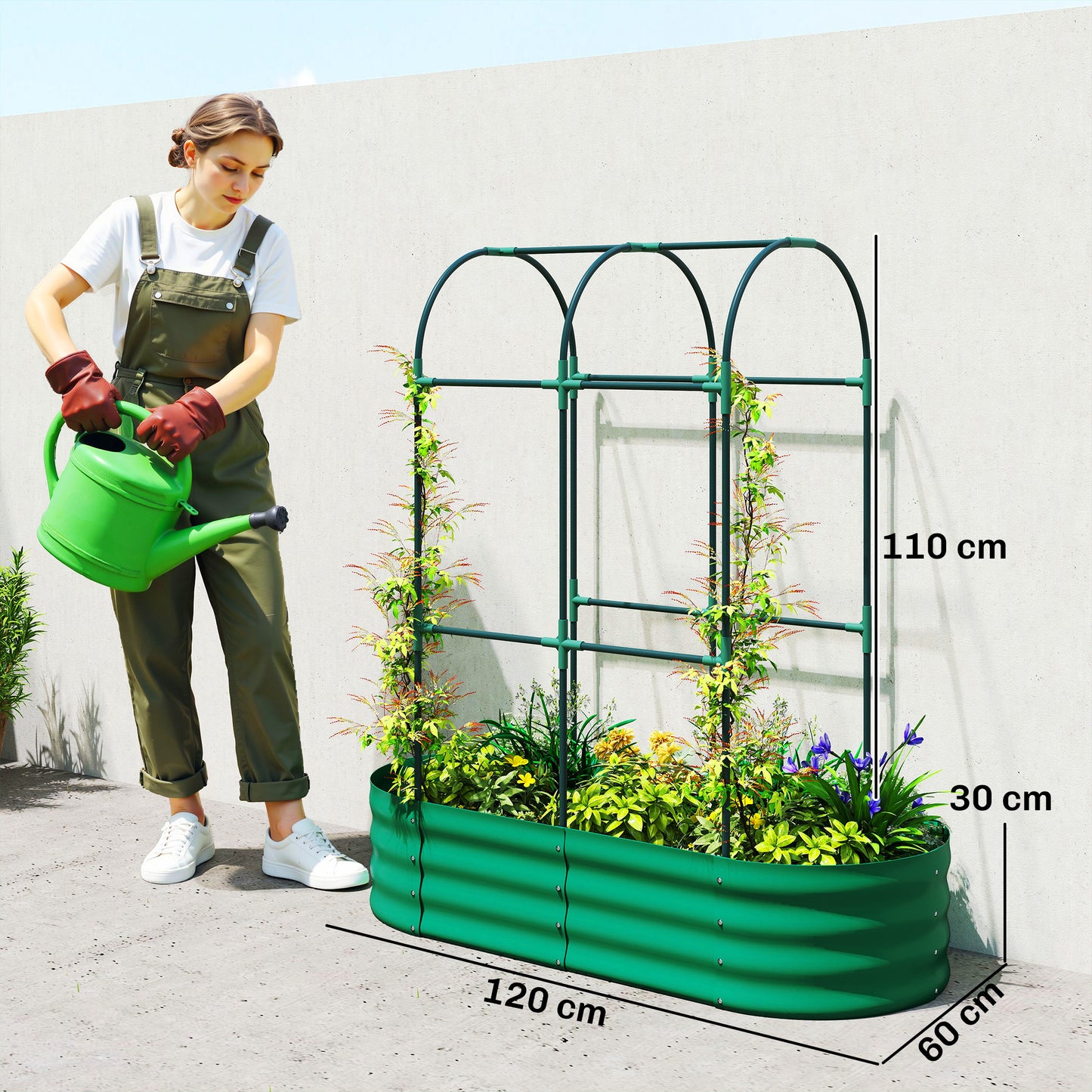 Outsunny Galvanised Raised Garden Bed With Arched Trellis, 4 X 2 X 4.6ft, Metal Raised Bed Planter, Open Bottom, Green