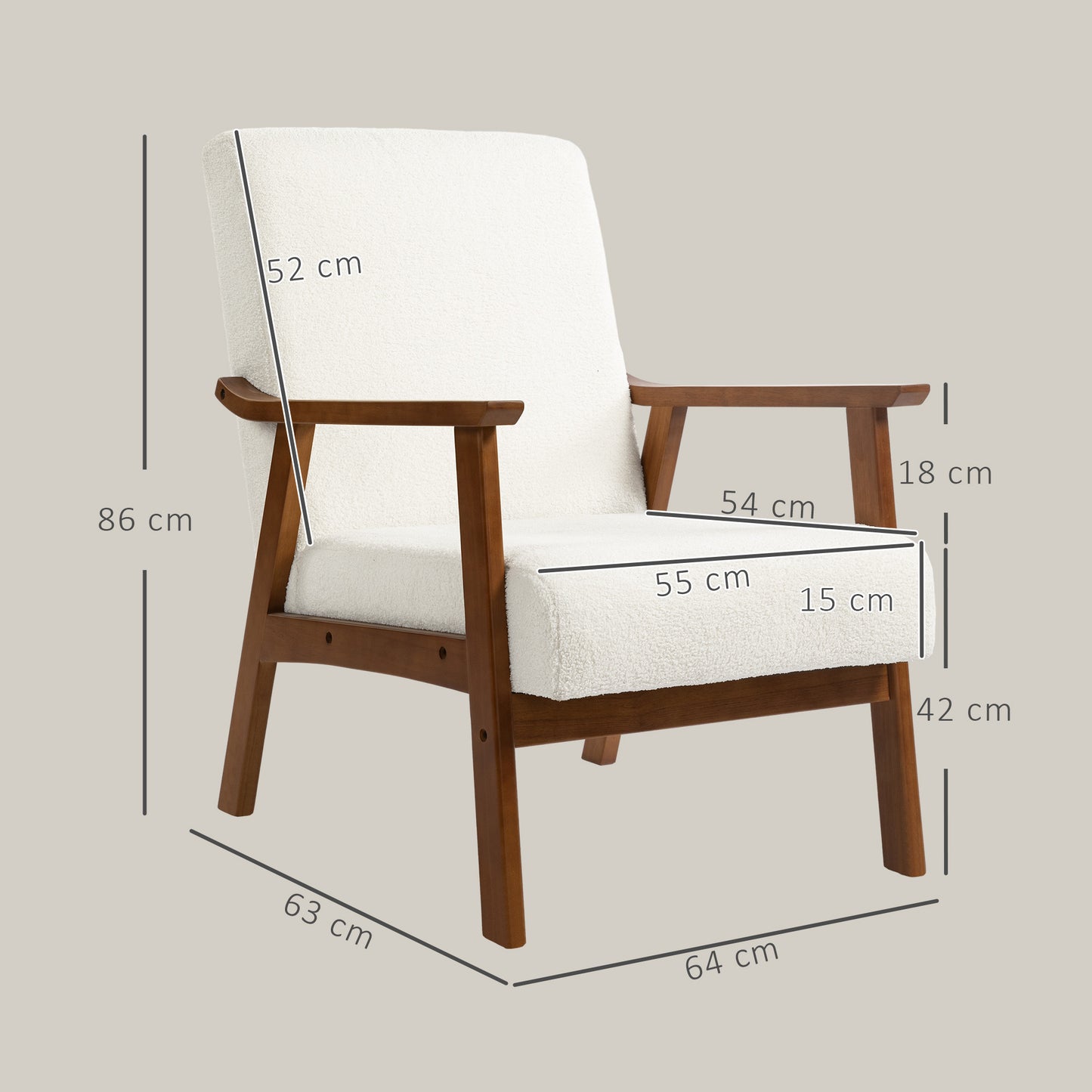HOMCOM Boucle Seat Mid Century Accent Chair White With Plush Cashmere Feel Upholstery
