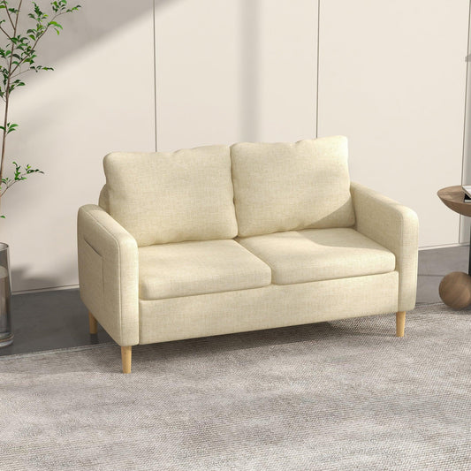 HOMCOM 2 Seater Sofa Modern Fabric Couch with Wood Legs and 2 Pockets Beige - ALL4U RETAILER LTD