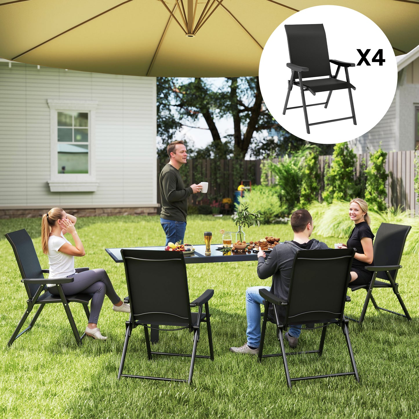 Outsunny Set Of Four Folding Outdoor Chairs Black With 63cm High Backrests And Breathable Mesh Seats