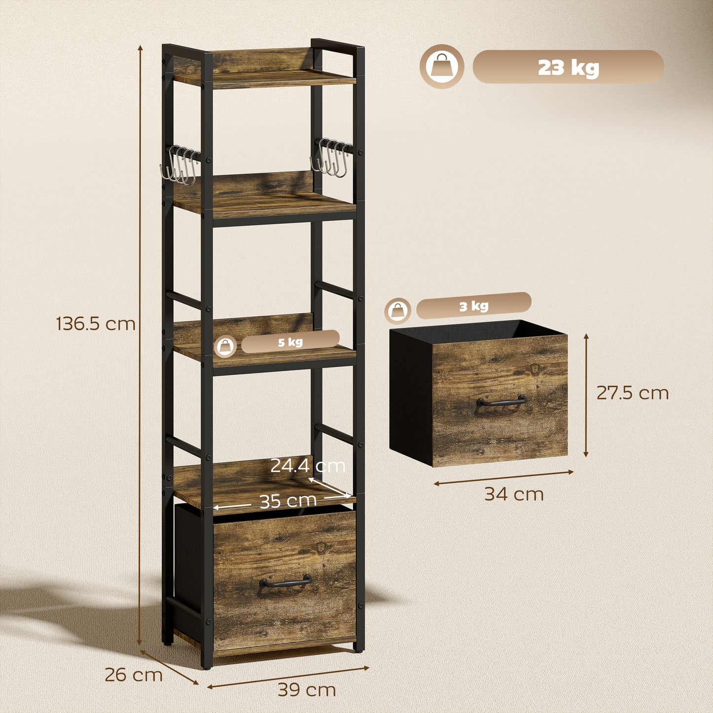 HOMCOM 4 Tier Narrow Bookshelf with Drawer and 8 Hooks, Metal Frame, Rustic Brown Finish