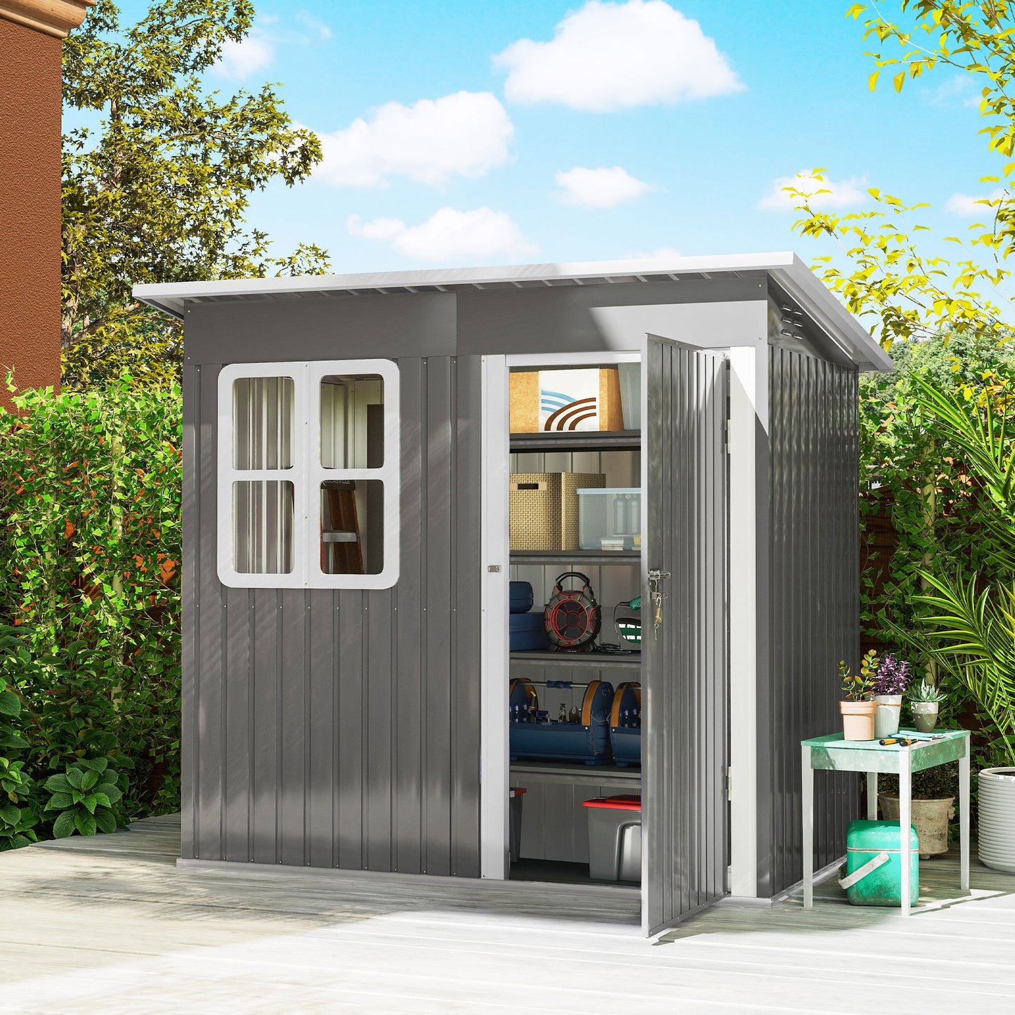 Outsunny 7 x 4 Ft Eco Friendly Galvanised Steel Garden Shed With Lock And Gloves Grey