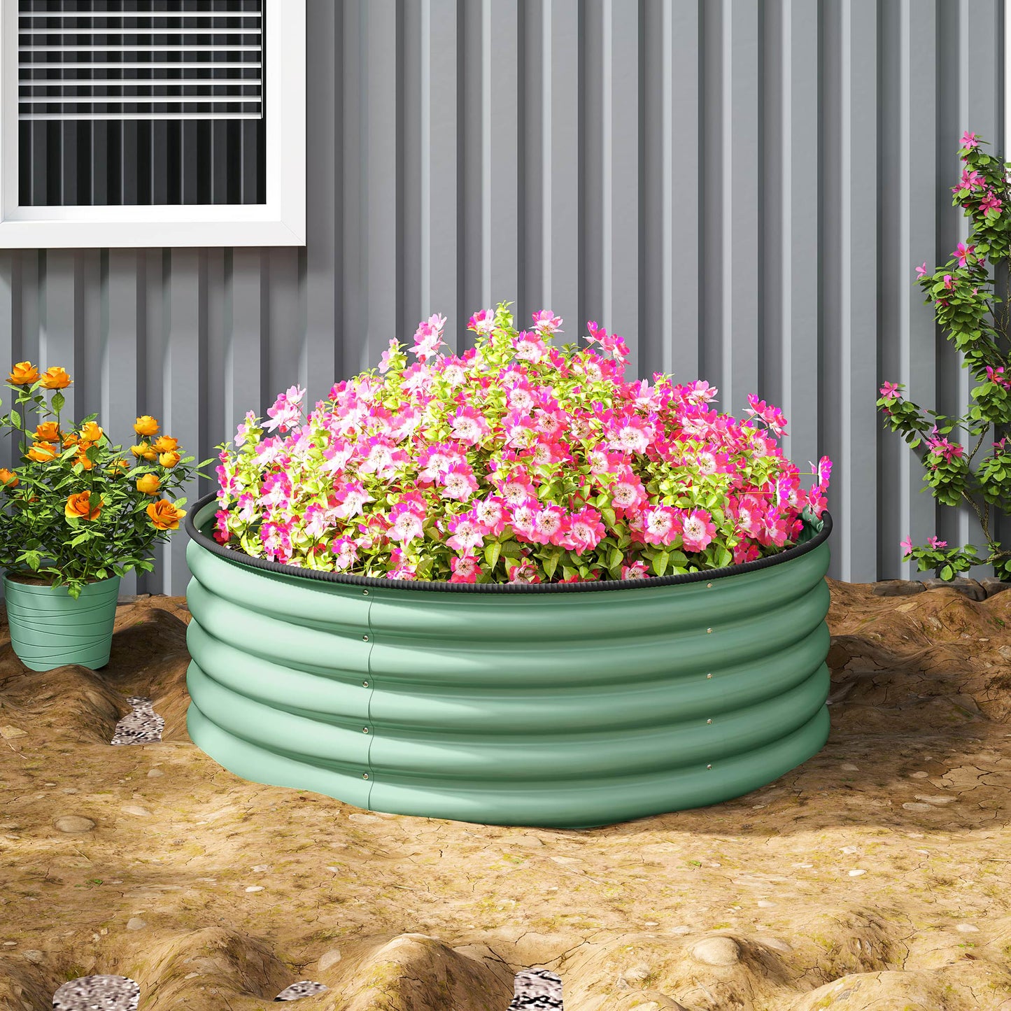 Outsunny Galvanised Raised Garden Bed Safety Edging Outdoor Planter Box 120 x 120 x 43cm Light Green Gloves Included