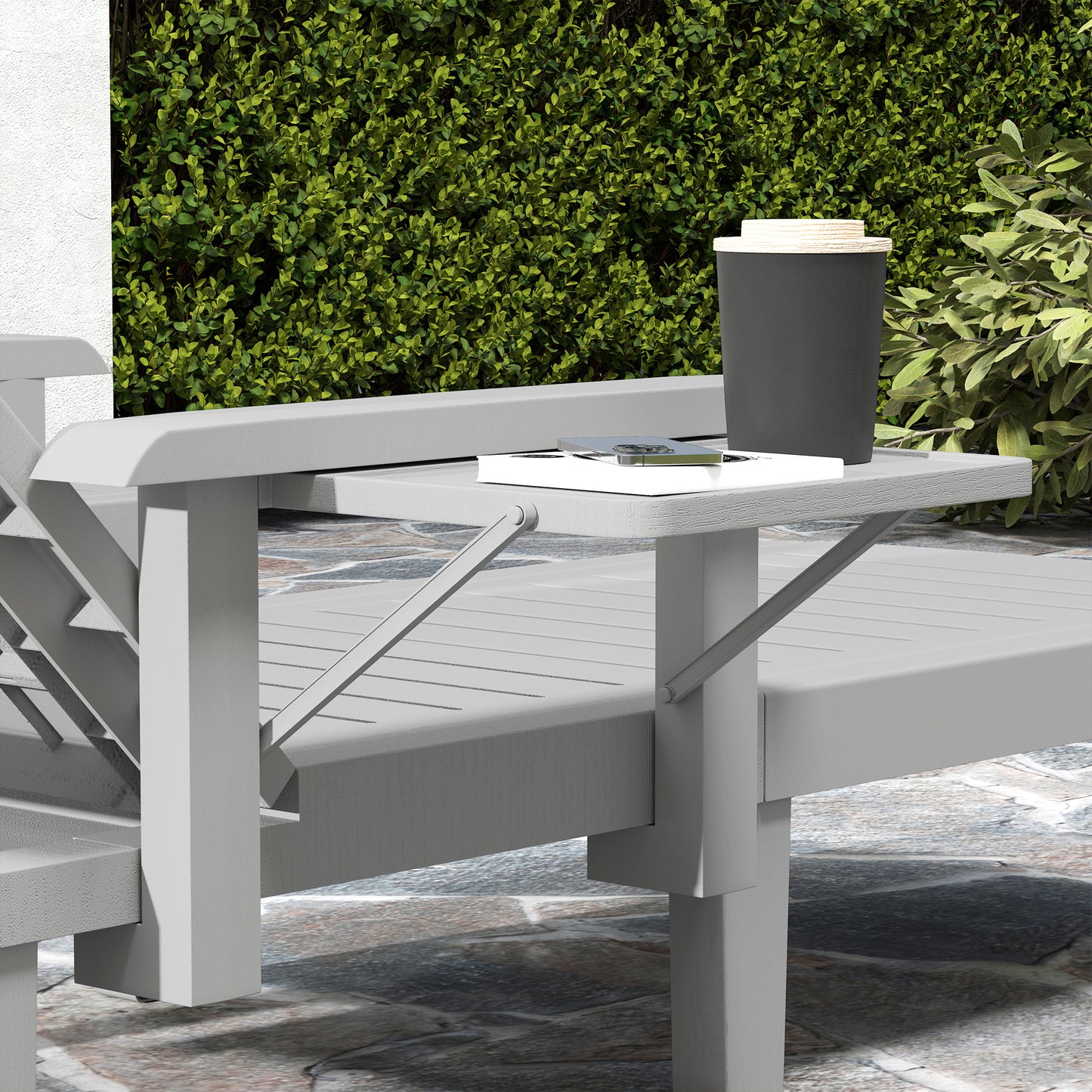 Outsunny Set Of 2 Resin Sun Loungers For Garden 5 Position Adjustable With WoodTexture Foldable Side Table Light Grey