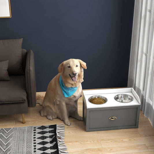 PawHut Raised Stainless Steel Dog Bowls with Storage Drawer, Grey - ALL4U RETAILER LTD