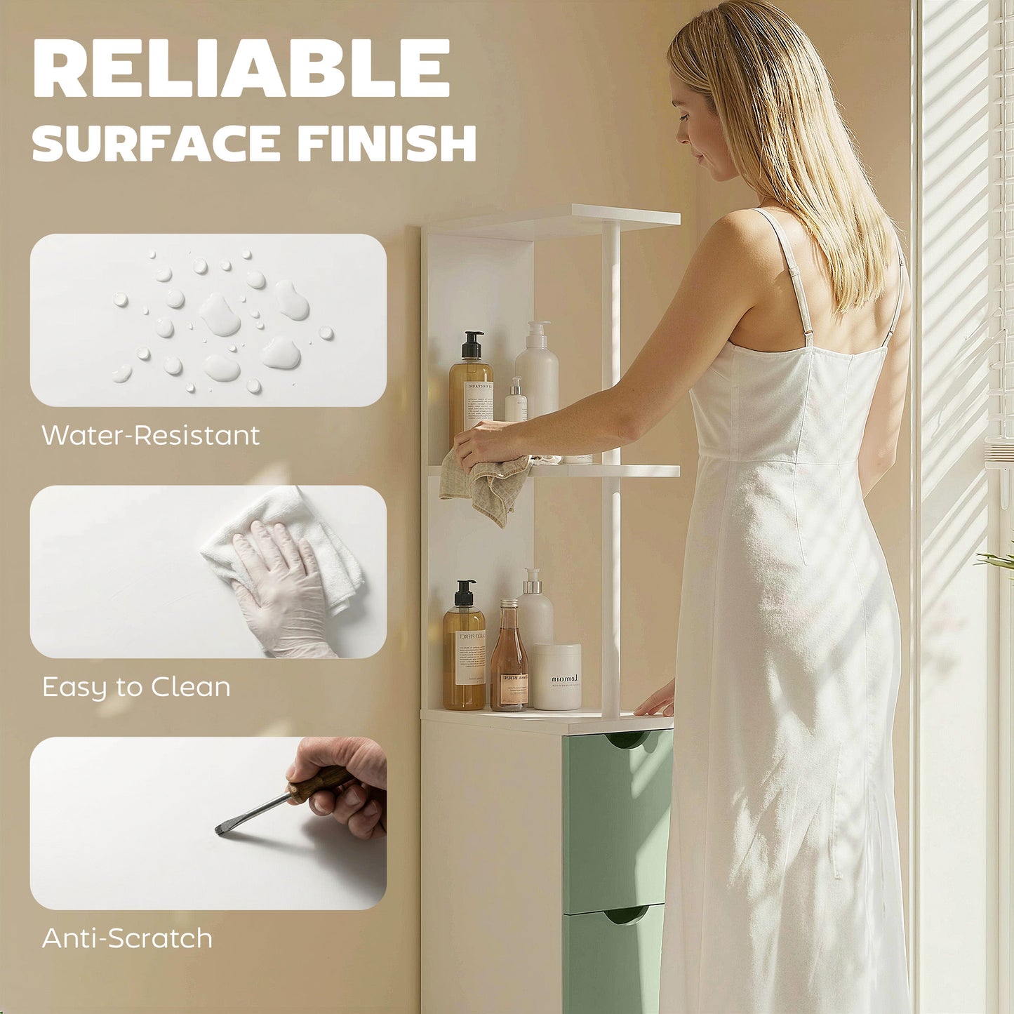 HOMCOM Slim Bathroom Storage Cabinet Tall Floor Cabinet With 2 Tier Shelf And 2 Drawers White And Light Green