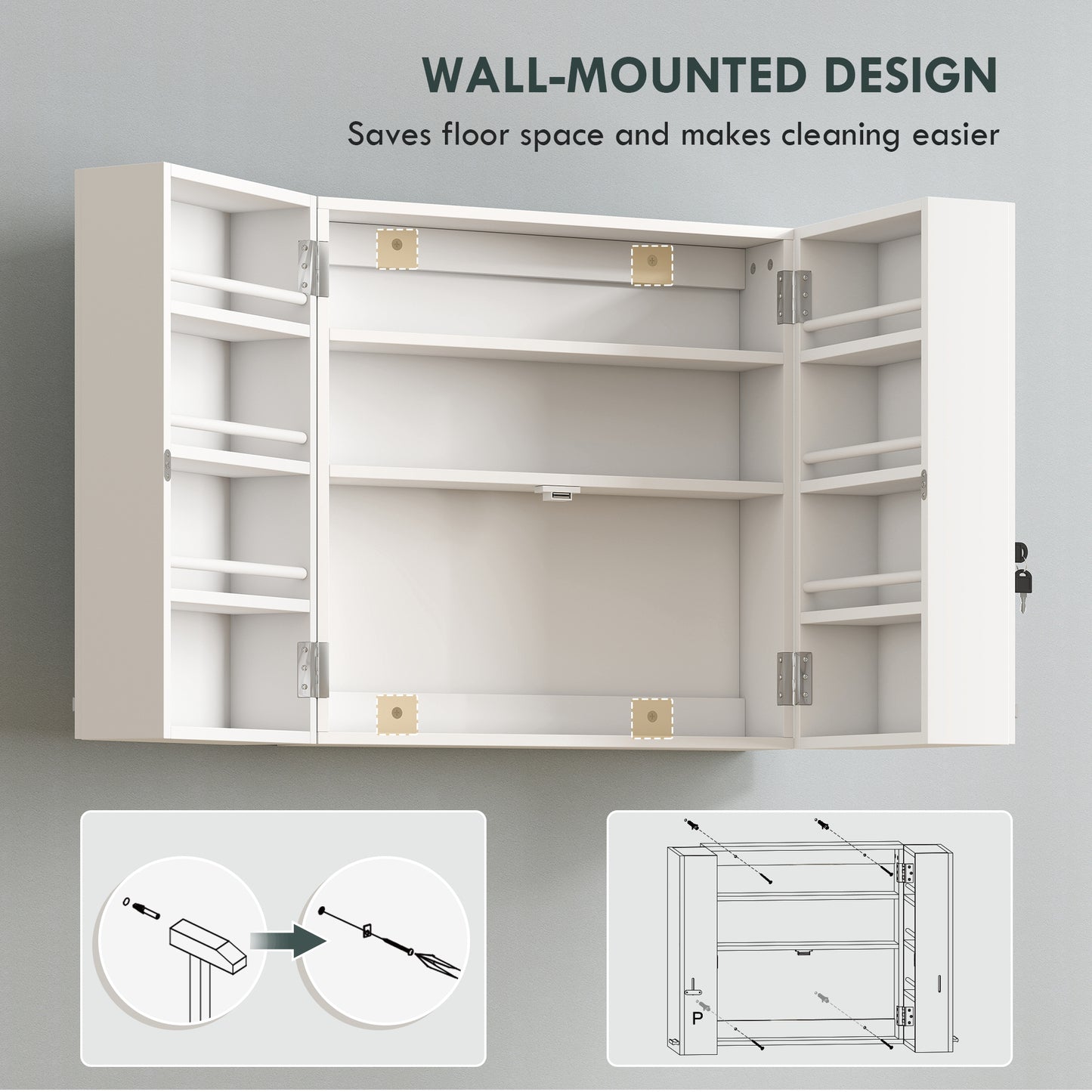 HOMCOM Wall Mount Medicine Cabinet With Lock, 2 Doors, 11 Storage Compartments, 3 Tier First Aid Organizer, White