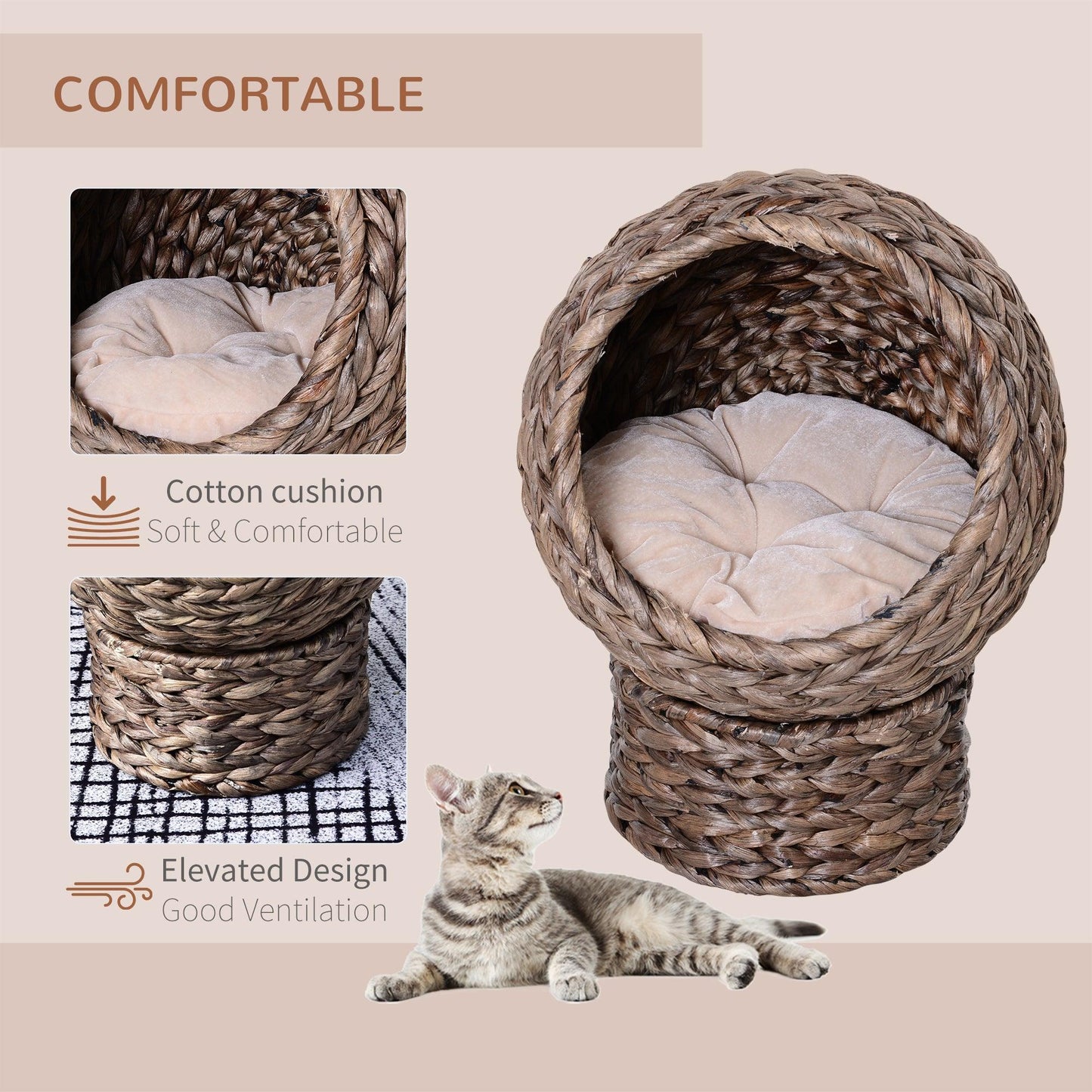 PawHut Wicker Cat Bed with Washable Cushion - Brown - ALL4U RETAILER LTD