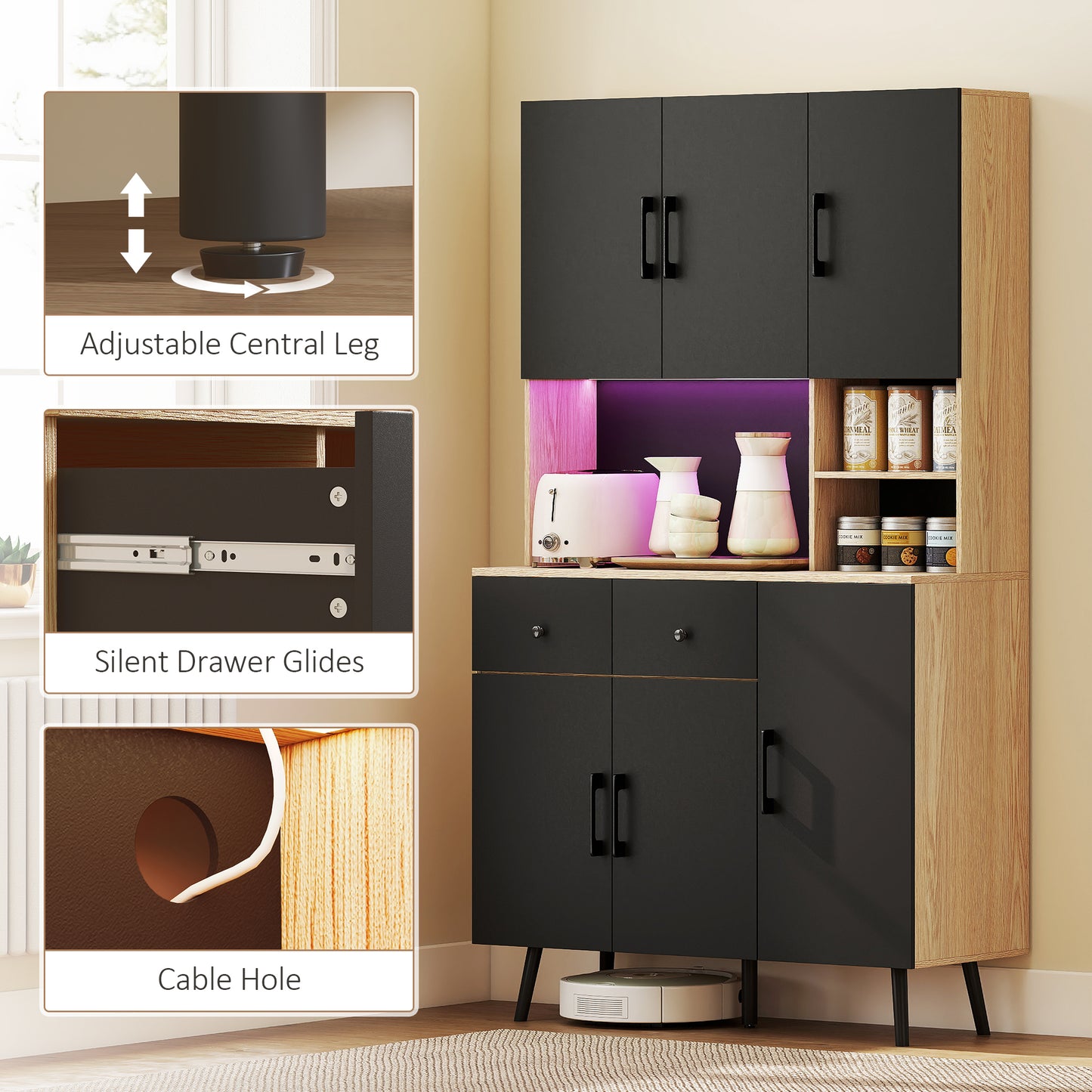 HOMCOM 176 Cm Kitchen Cupboard With LED Lights Oak And Black RGB Mood Lighting Over Sixty Thousand Colours