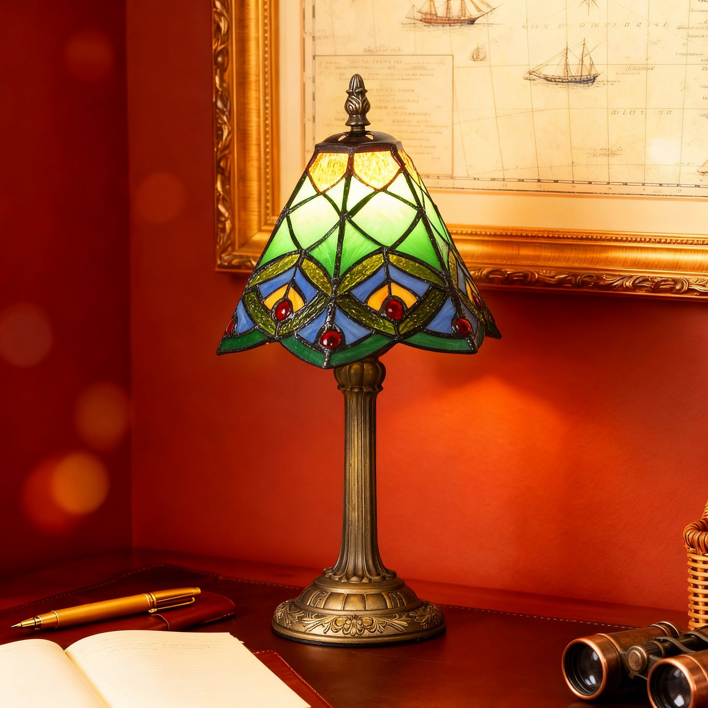 HOMCOM Tiffany Style Table Lamp Geometric Patterns Handcrafted Antique Stained Glass Bedside Lamp Green E27 Socket