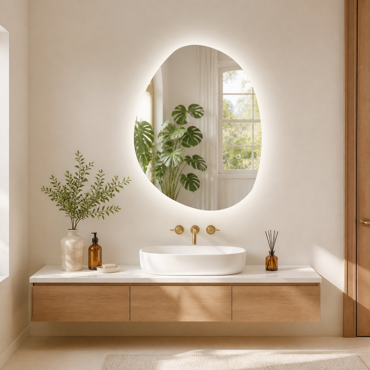 Oval LED bathroom mirror with bright white light ring, wall-mounted above sink.