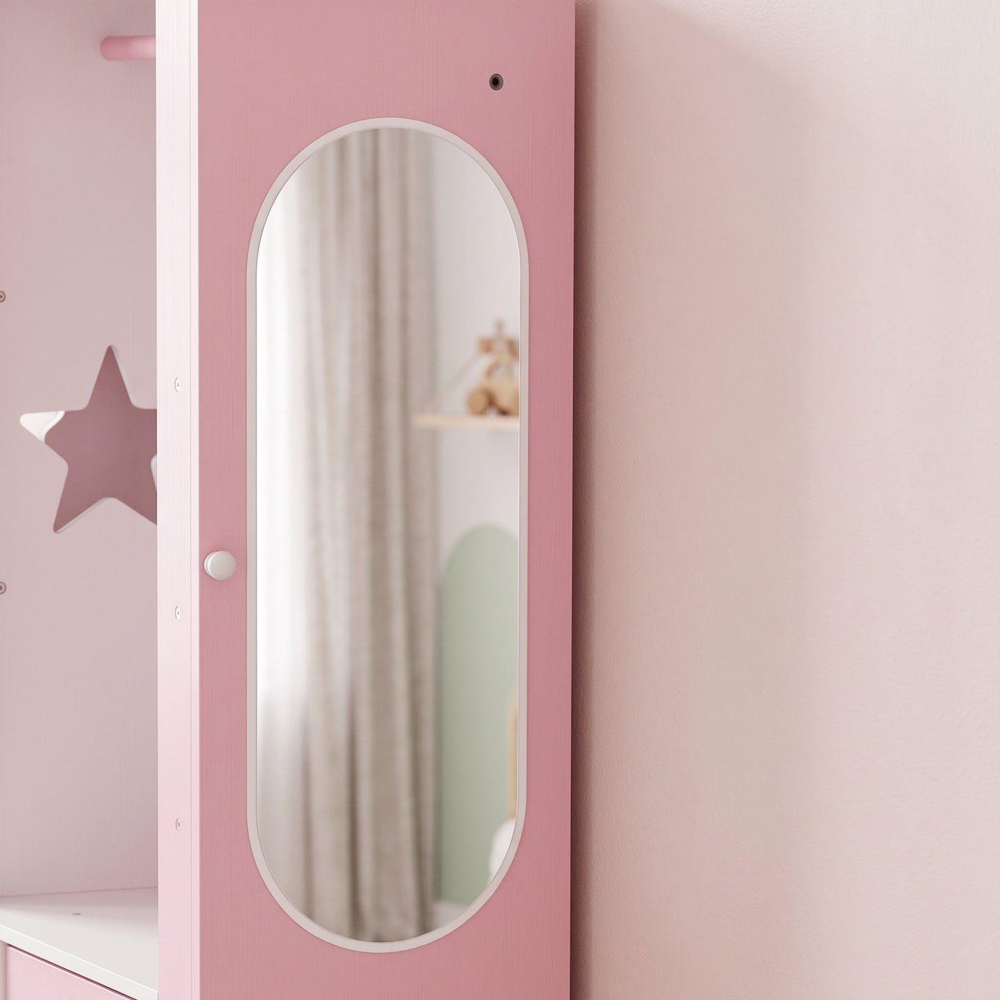 AIYAPLAY Kids Wardrobe With Lighted Mirror Pink Storage Cabinet For Bedroom