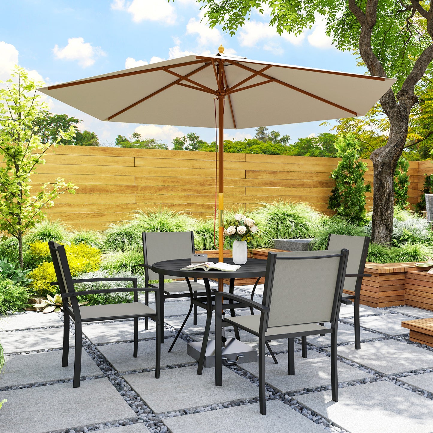 Outsunny 5 Piece Garden Furniture Set With Round Table And 4 Stackable Chairs In Dark Grey