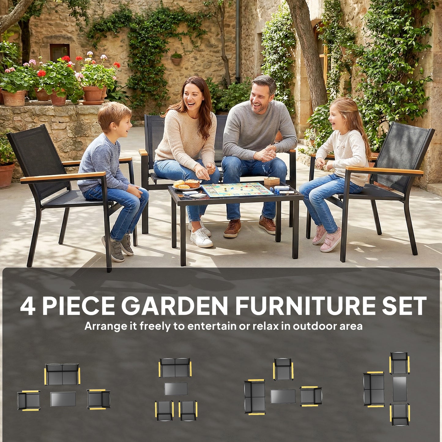 Outsunny 4 Seater Outdoor Garden Sofa Set With Loveseat 2 Chairs And Coffee Table Black