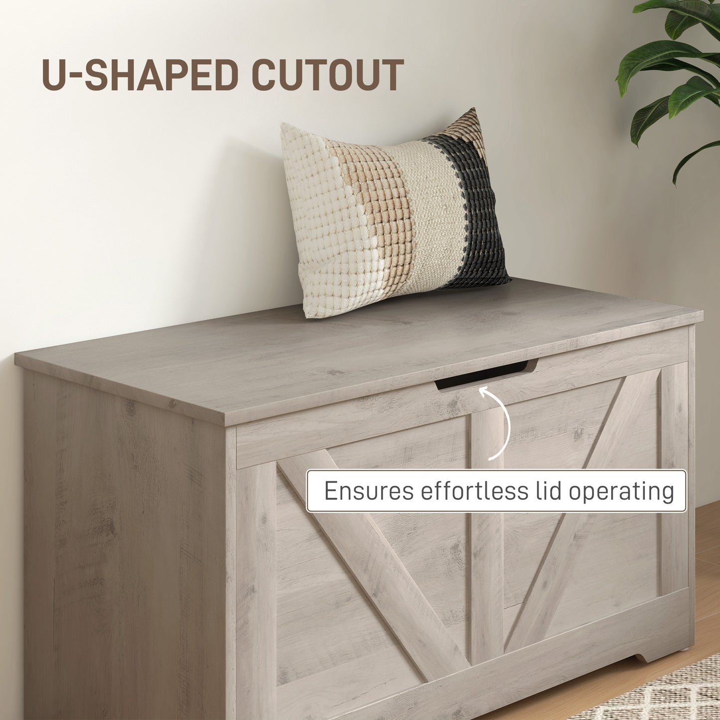 HOMCOM 100L Grey Wood Effect Storage Ottoman With Safety Hinges And Flat Lid Perfect For Blankets And Cushions