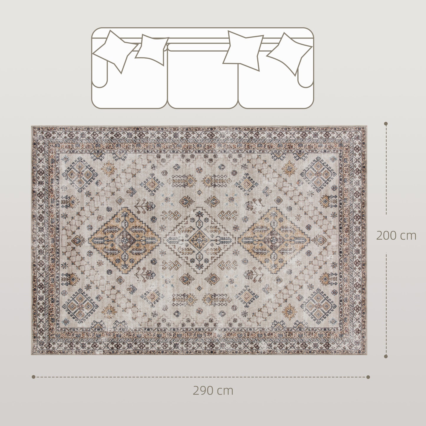 HOMCOM Vintage Area Rug 290 x 200 cm Beige Non Slip Washable Flannel Floor Carpet for Living Room