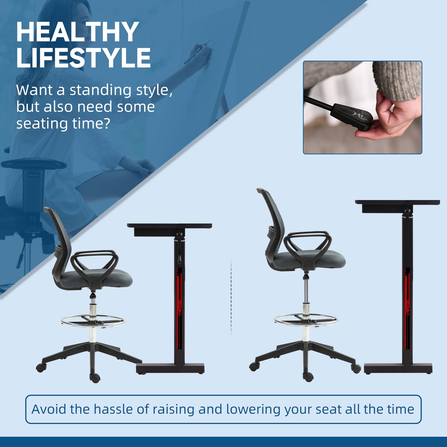 Vinsetto Adjustable Height Ergonomic Drafting Chair with Mesh Back in Grey - ALL4U RETAILER LTD