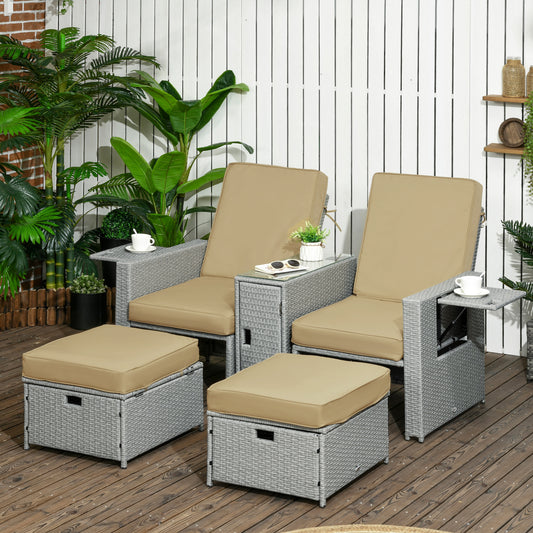 Outsunny 5 Piece PE Rattan Sun Lounger Set With Adjustable Recliners And Storage Footstools Glass Top Table Beige
