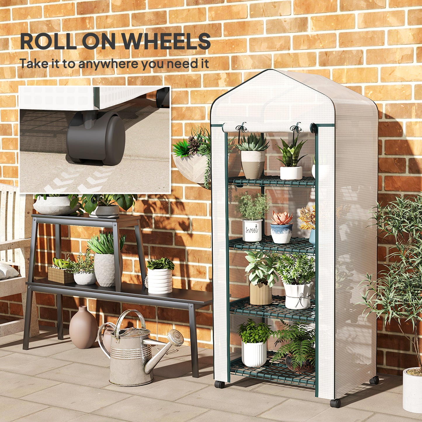 Outsunny 4 Tier Mini Portable Greenhouse with Lockable Rolling Wheels White Metal Frame PE Cover