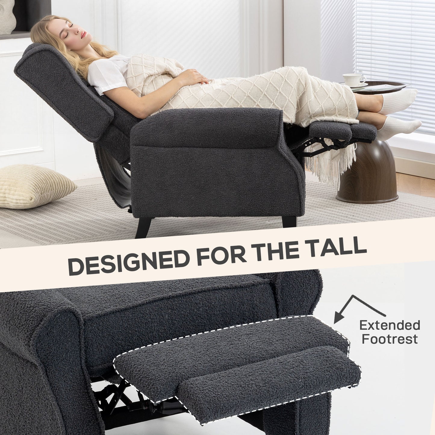 HOMCOM 132 Degree Manual Recliner Armchair With Extended Footrest In Dark Grey For Tall People