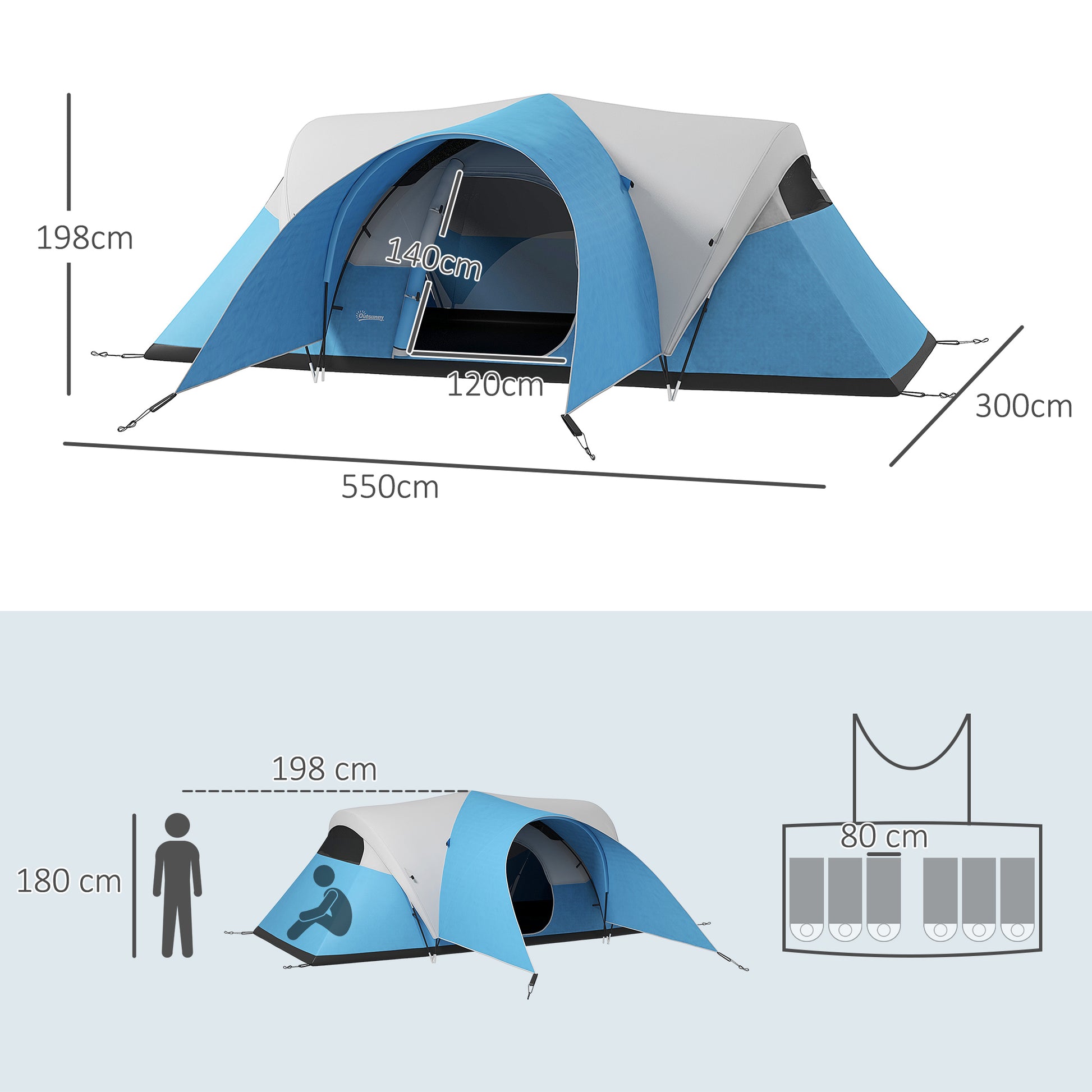 Outsunny Spacious 5-6 Person Waterproof Family Tent with Porch and Groundsheet - Blue Camping Tent - ALL4U RETAILER LTD