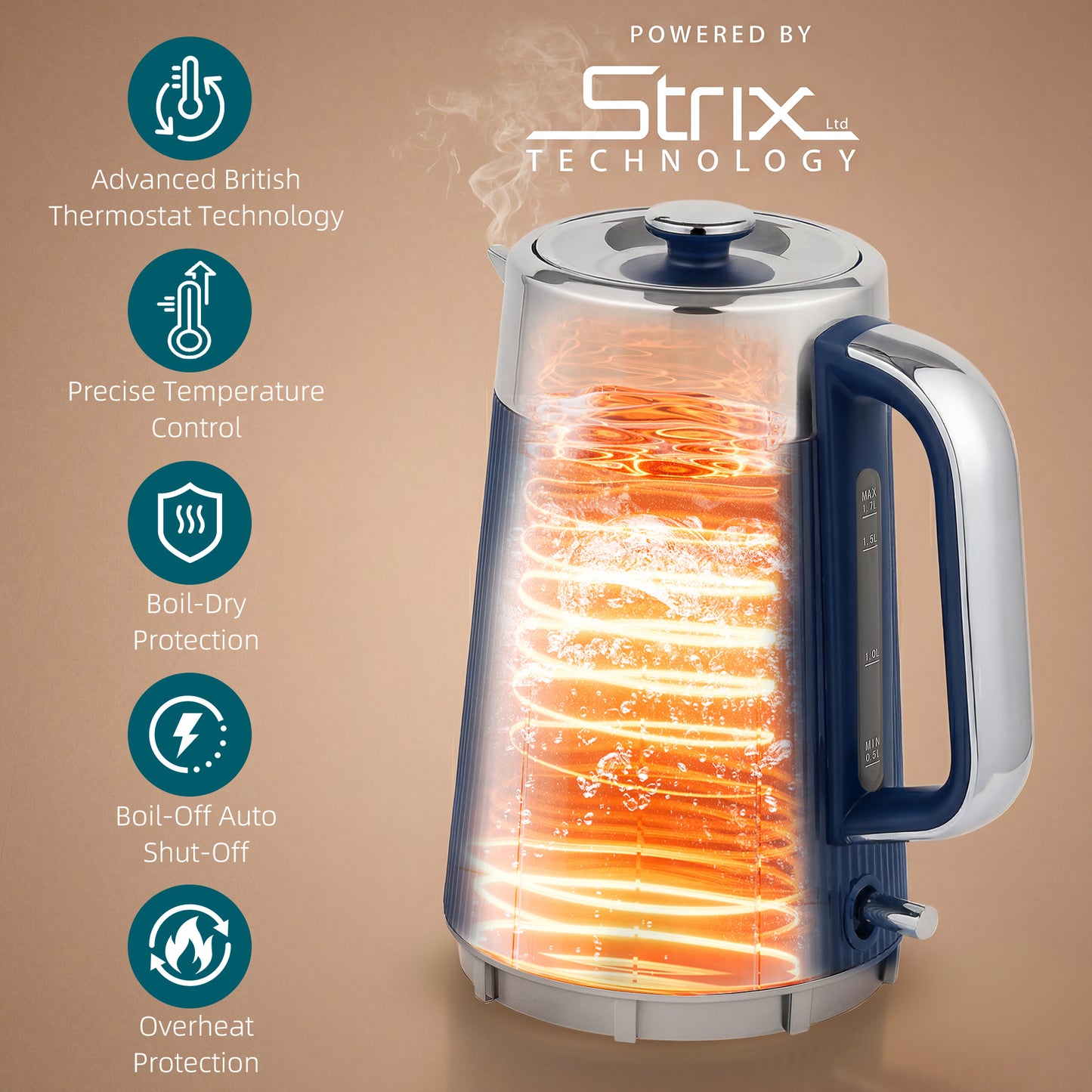 HOMCOM Stainless Steel Electric Kettle And Four Slot Toaster Set 3000W 1.7L UK Strix Thermostat Dark Blue