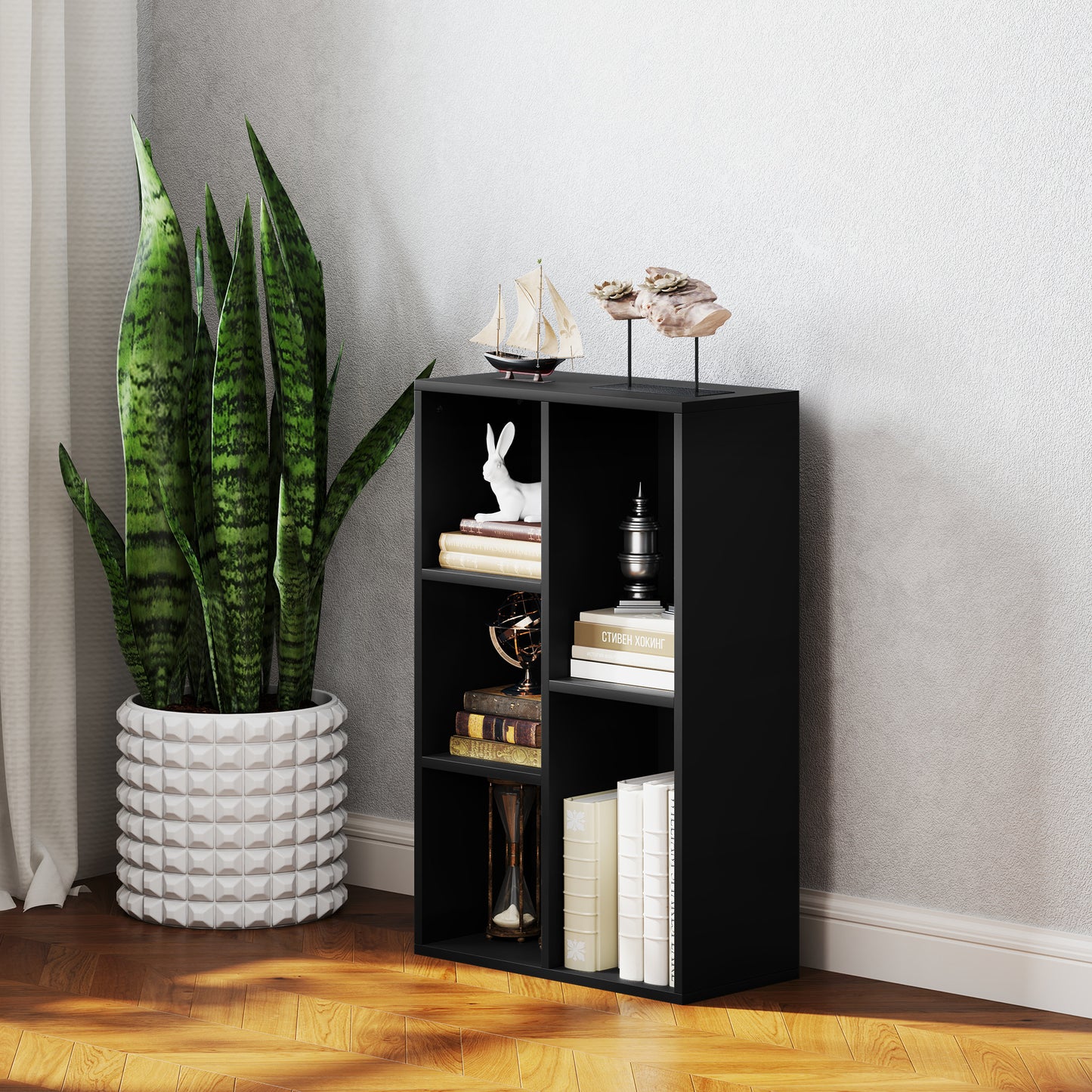 HOMCOM Two Tier Bookshelf With Five Open Storage Cubes Black Finish Modern Compact Floor Standing Unit