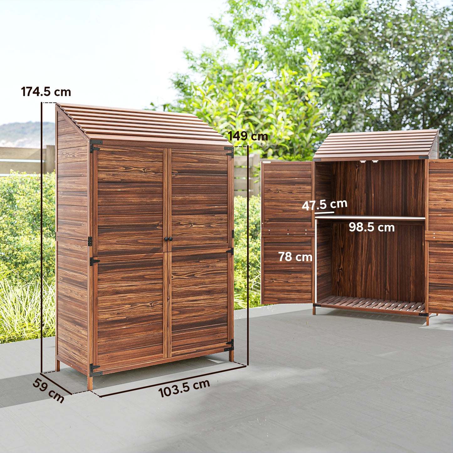 Outsunny 103.5 x 59 Cm Wooden Garden Shed Brown With Slatted Base And Upper And Lower Shelves