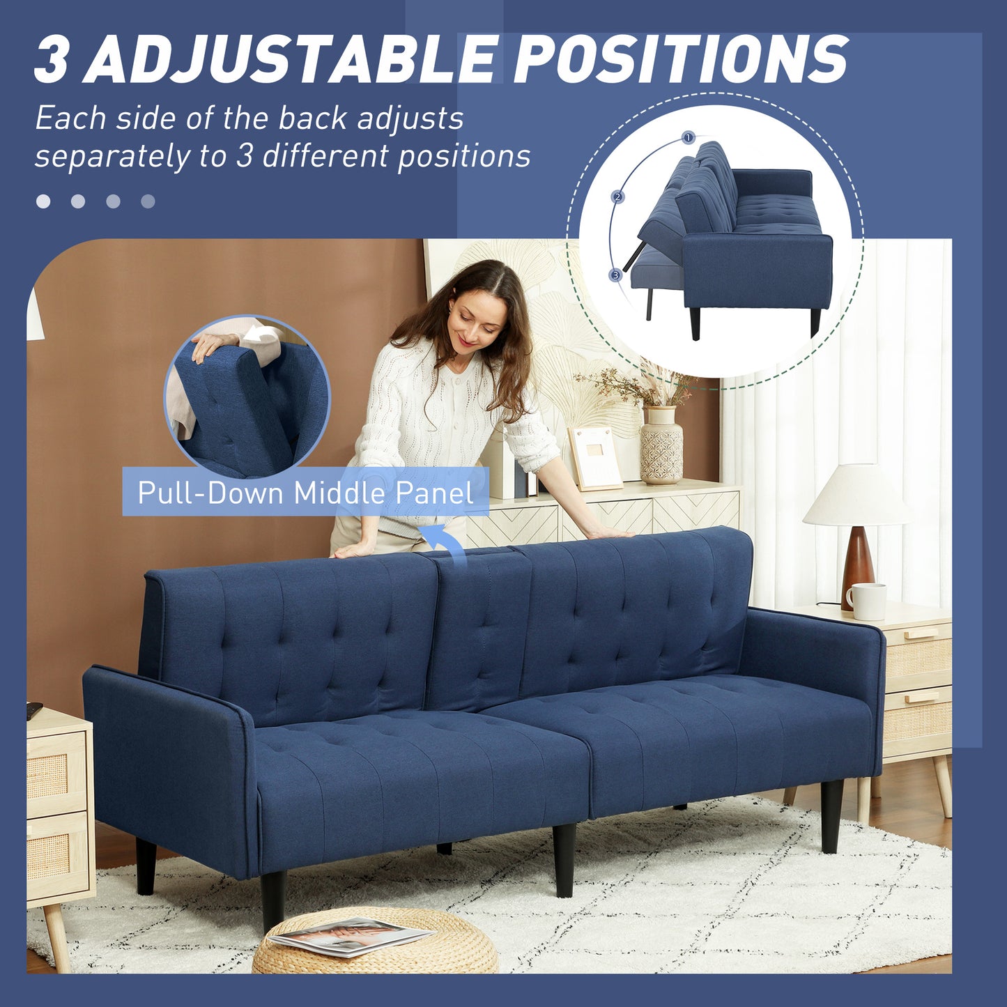 HOMCOM Three Seater Sofa Bed With Cupholders Dark Blue For Small Living Rooms And Guest Rooms