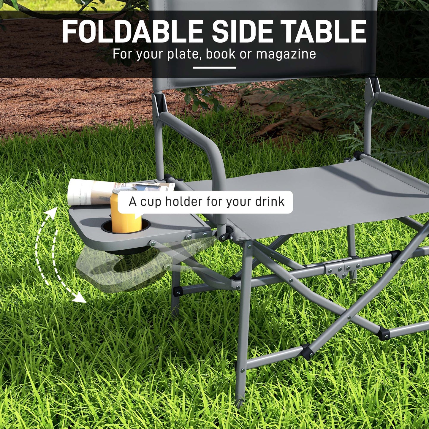 Outsunny Compact Grey Folding Camping Chair with Side Table and Cupholder - ALL4U RETAILER LTD