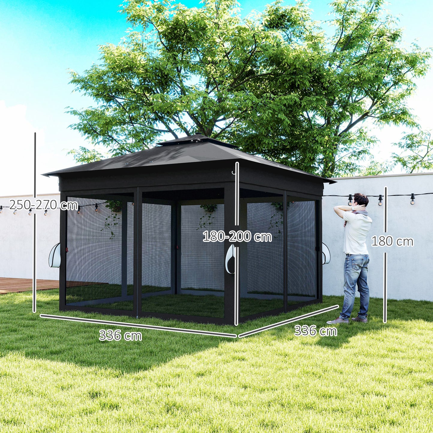 Outsunny 3.36 x 3.36m Pop Up Gazebo With Solar Powered LED Lights Netting Adjustable Height 250 To 270cm Black