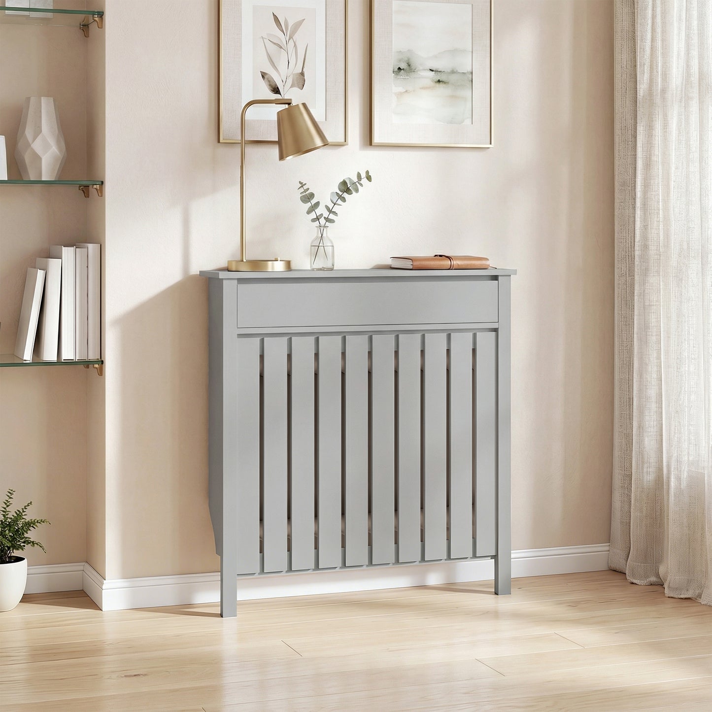 HOMCOM Rustic Grey Radiator Cover 93 By 88.5 Cm MDF Vertical Slat Design For Efficient Heat Escape
