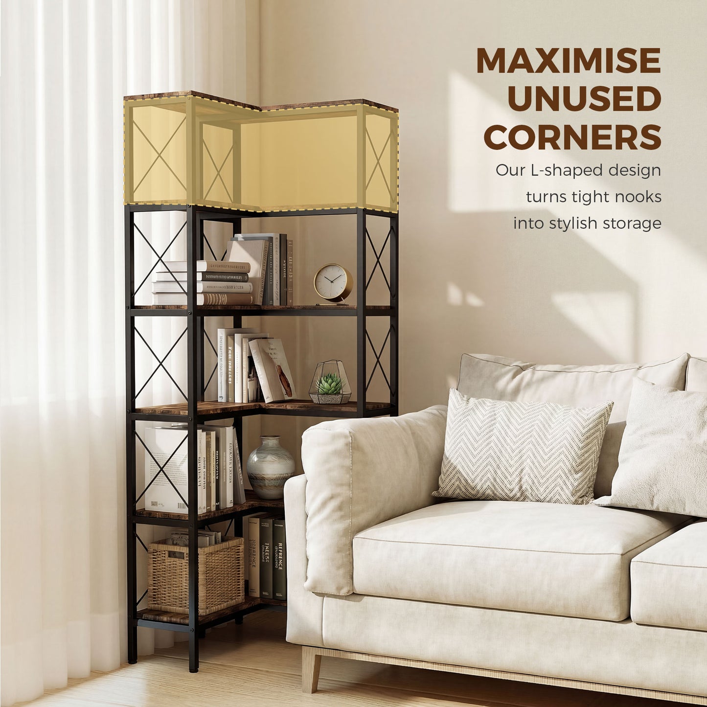 HOMCOM 5 Tier L Shaped Bookshelf Freestanding Corner Bookcase With Metal Frame Rustic Brown