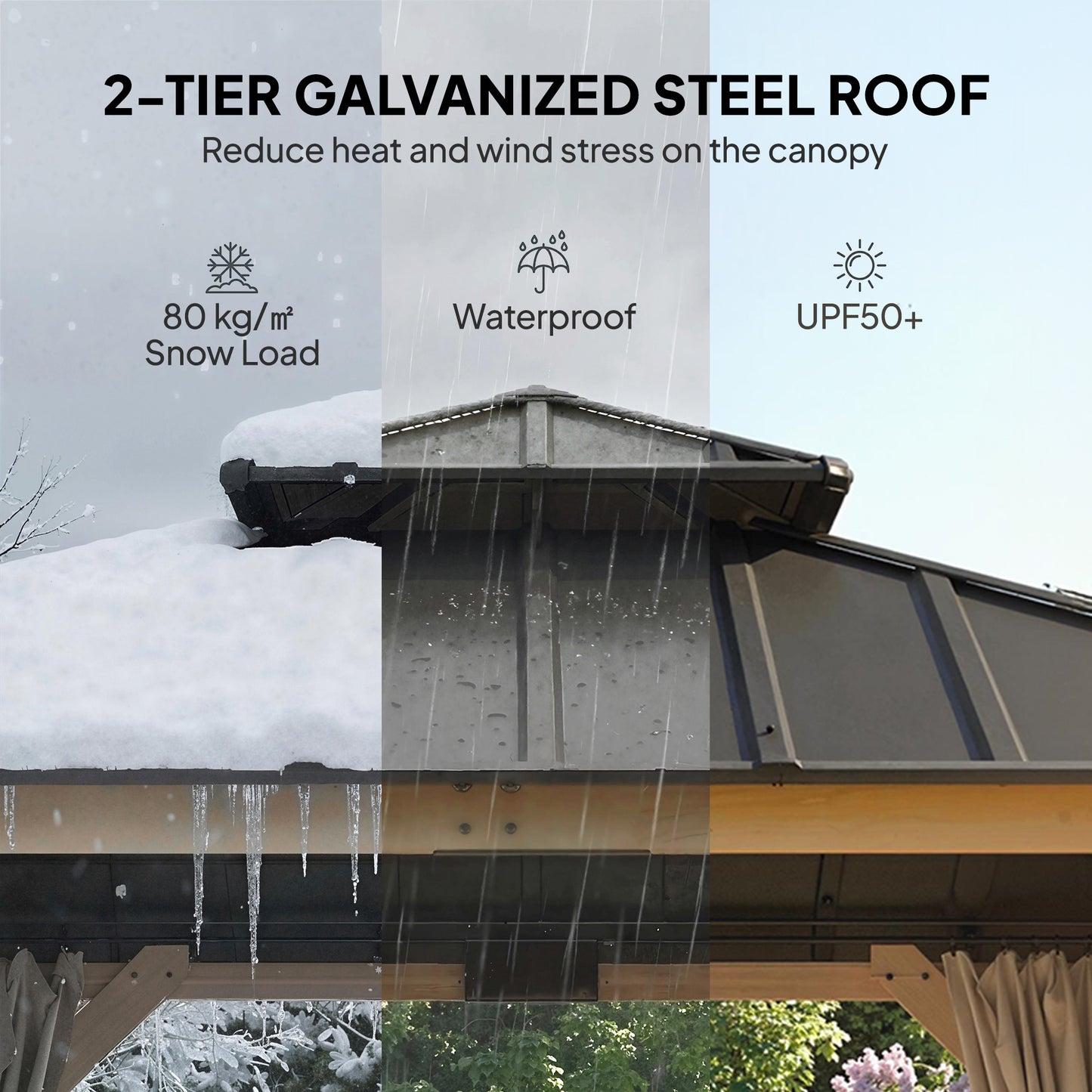 Outsunny 3m x 3m Hardtop Gazebo With Curtains Wood Garden Grey 2 Tier Steel Roof Rainproof Sun Protection UPF50