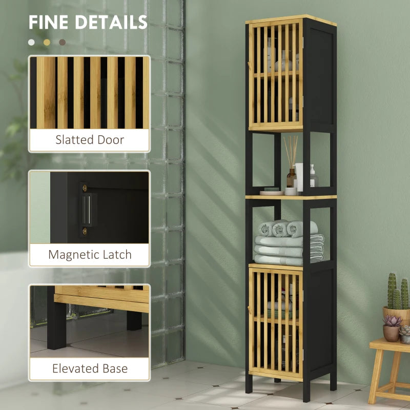 HOMCOM Bamboo-Blend Retro Cut-Out Tall Bathroom Storage Cabinet - ALL4U RETAILER LTD